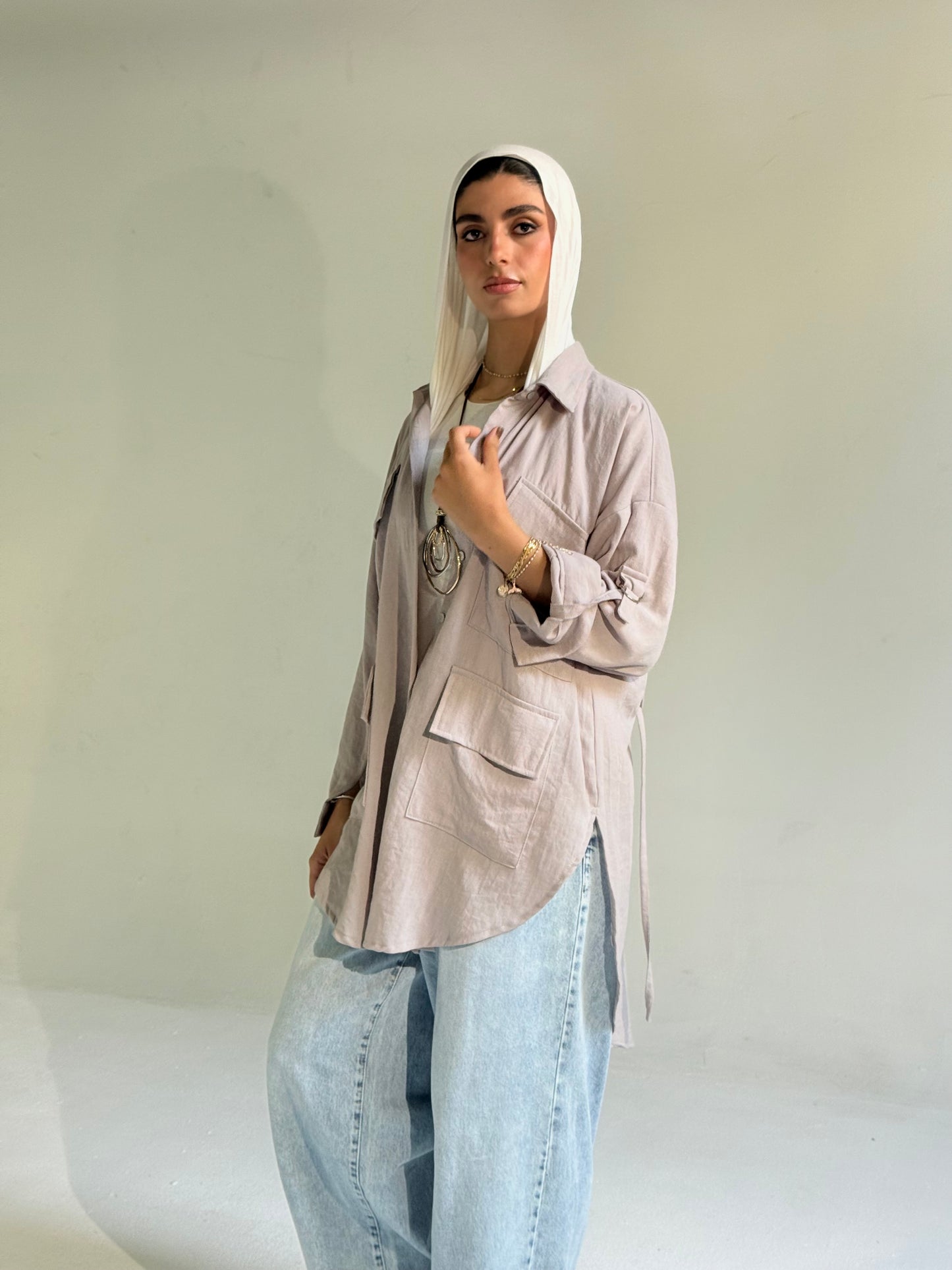 Linen Pockets Oversized High Low Shirt in Light Grey