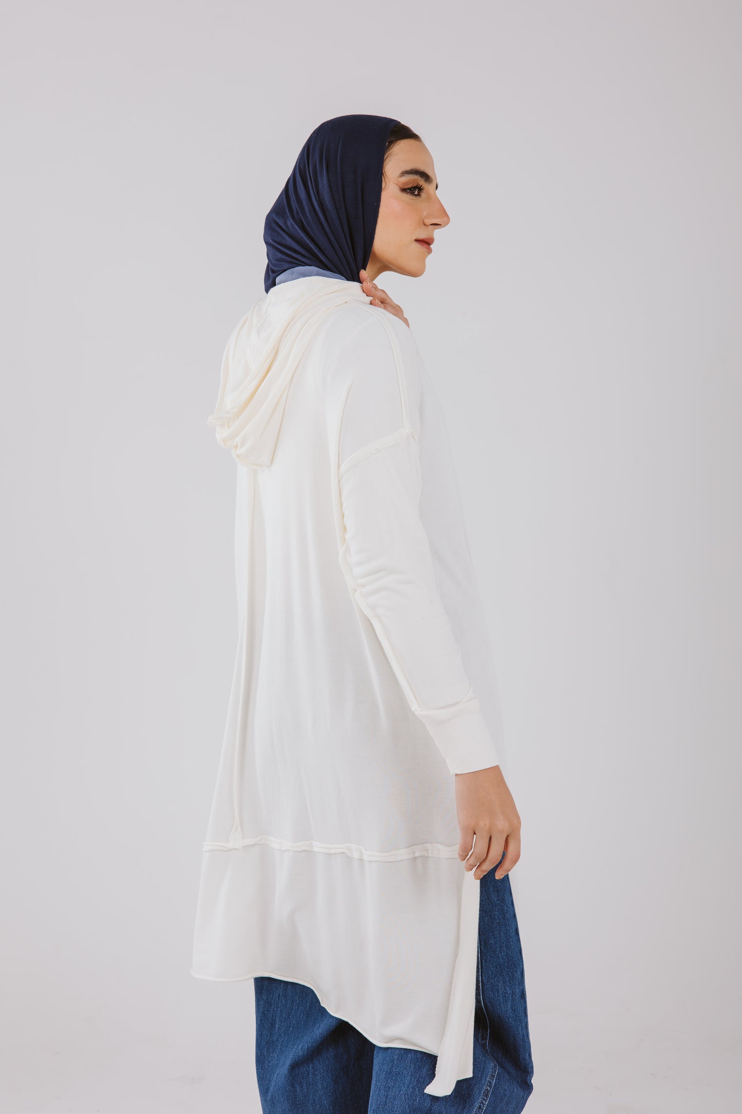 Asymmetrical Stitches Hoodie Top in White