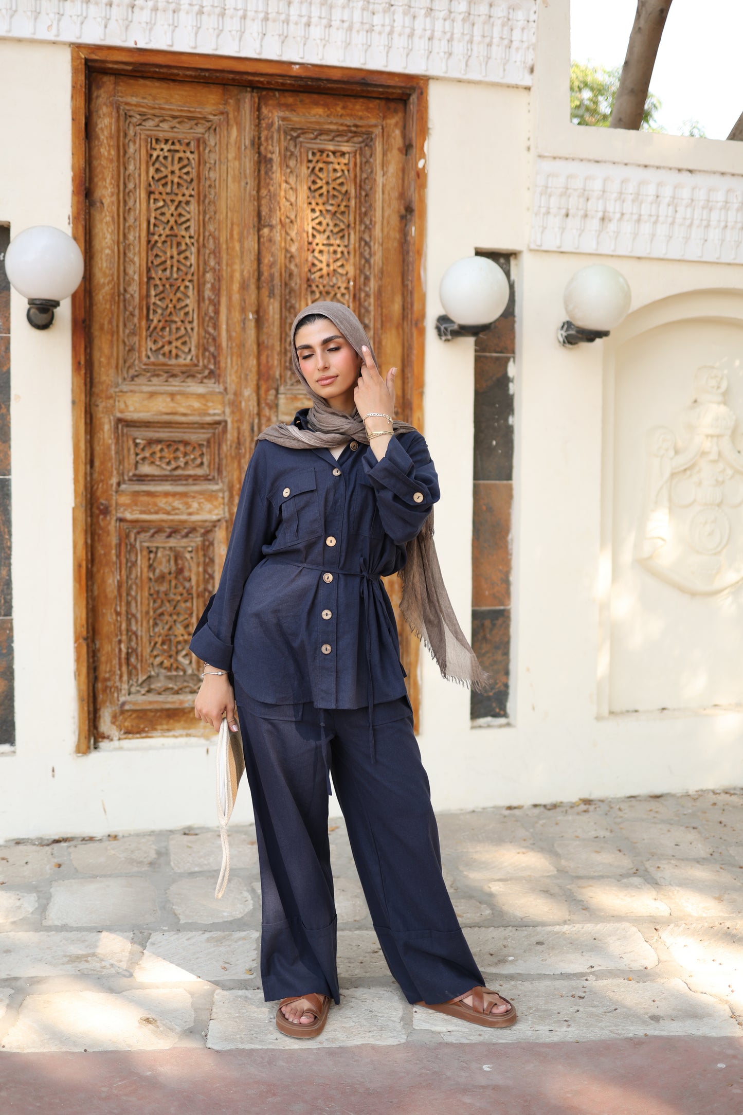 Linen wide Pants in Navy Blue