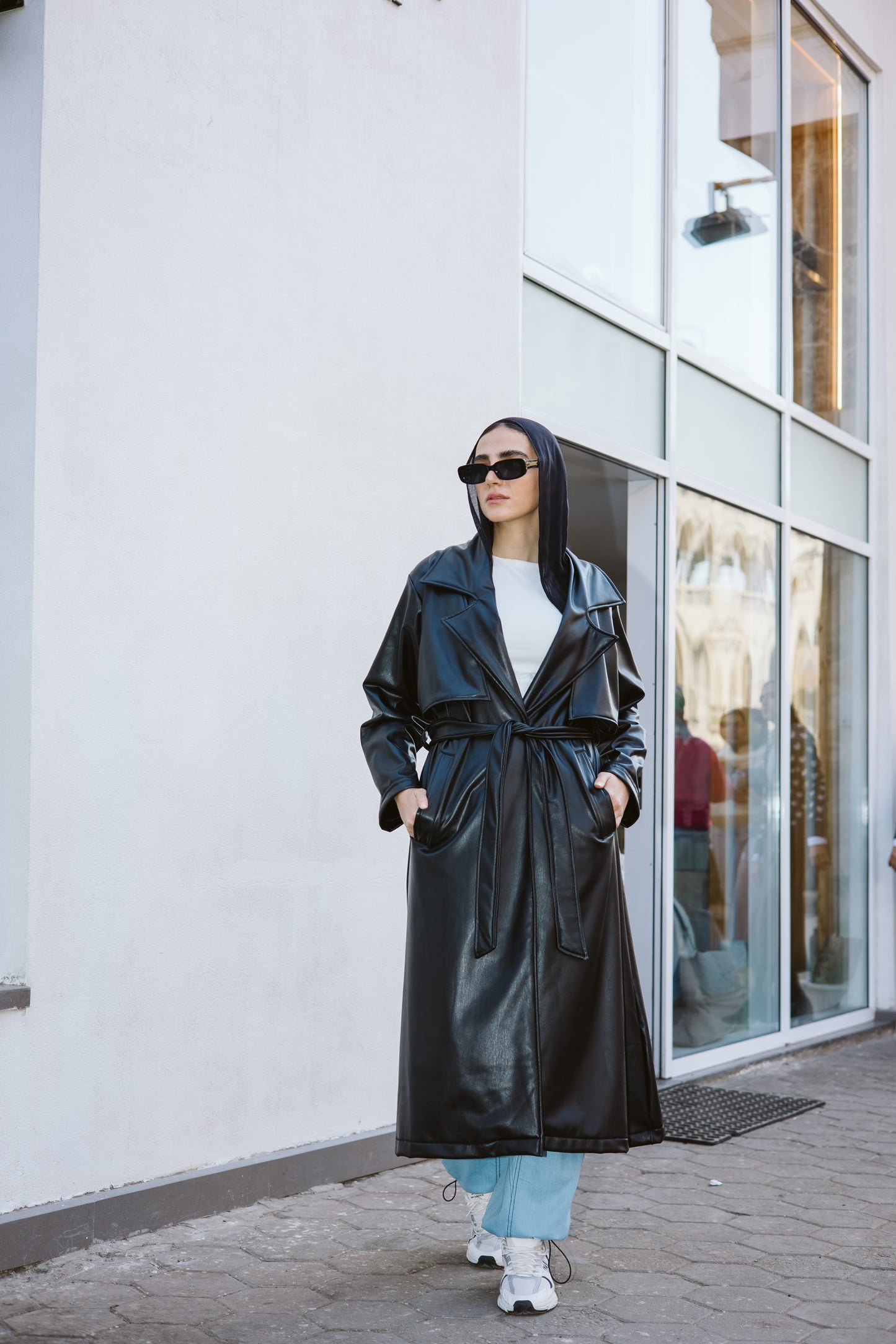 Long Faux Leather Trench Coat in Black