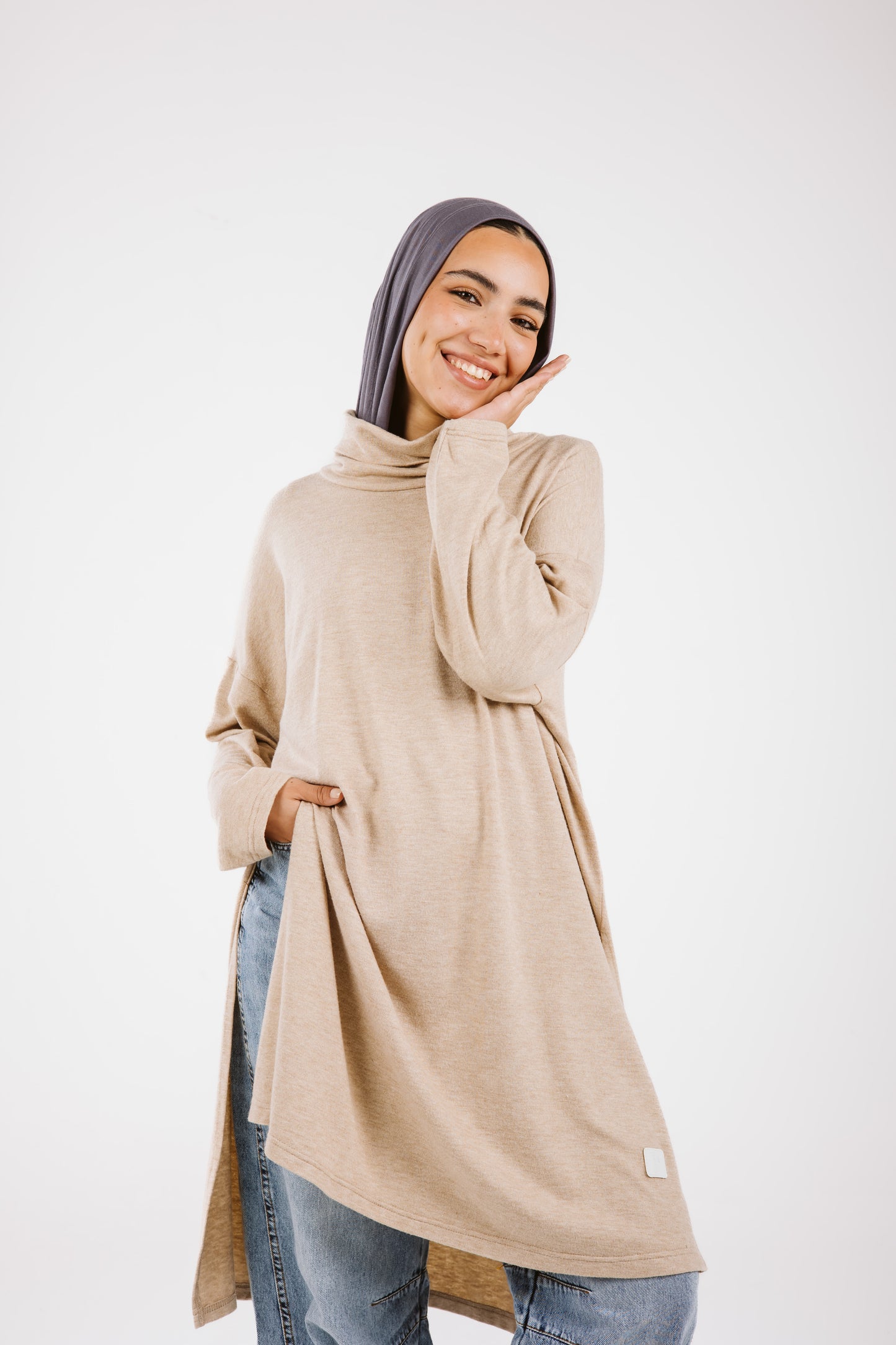 High Low Soft Wool Top in Beige