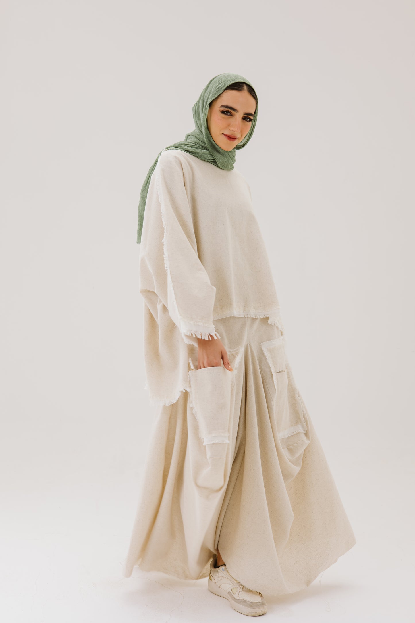 Asymmetrical Linen Pockets Skirt in Beige
