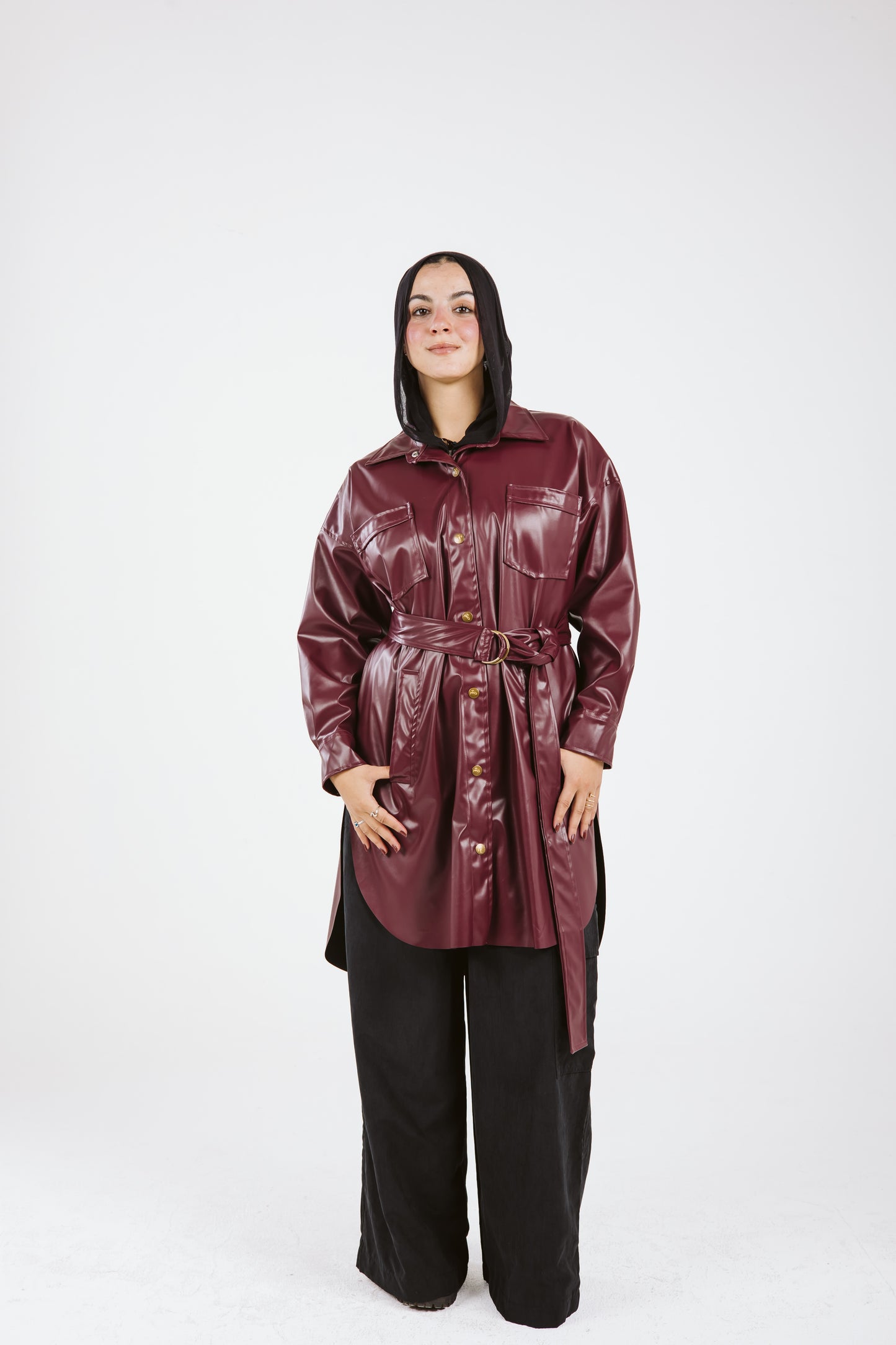 Faux Leather High Low Shirt in Burgundy