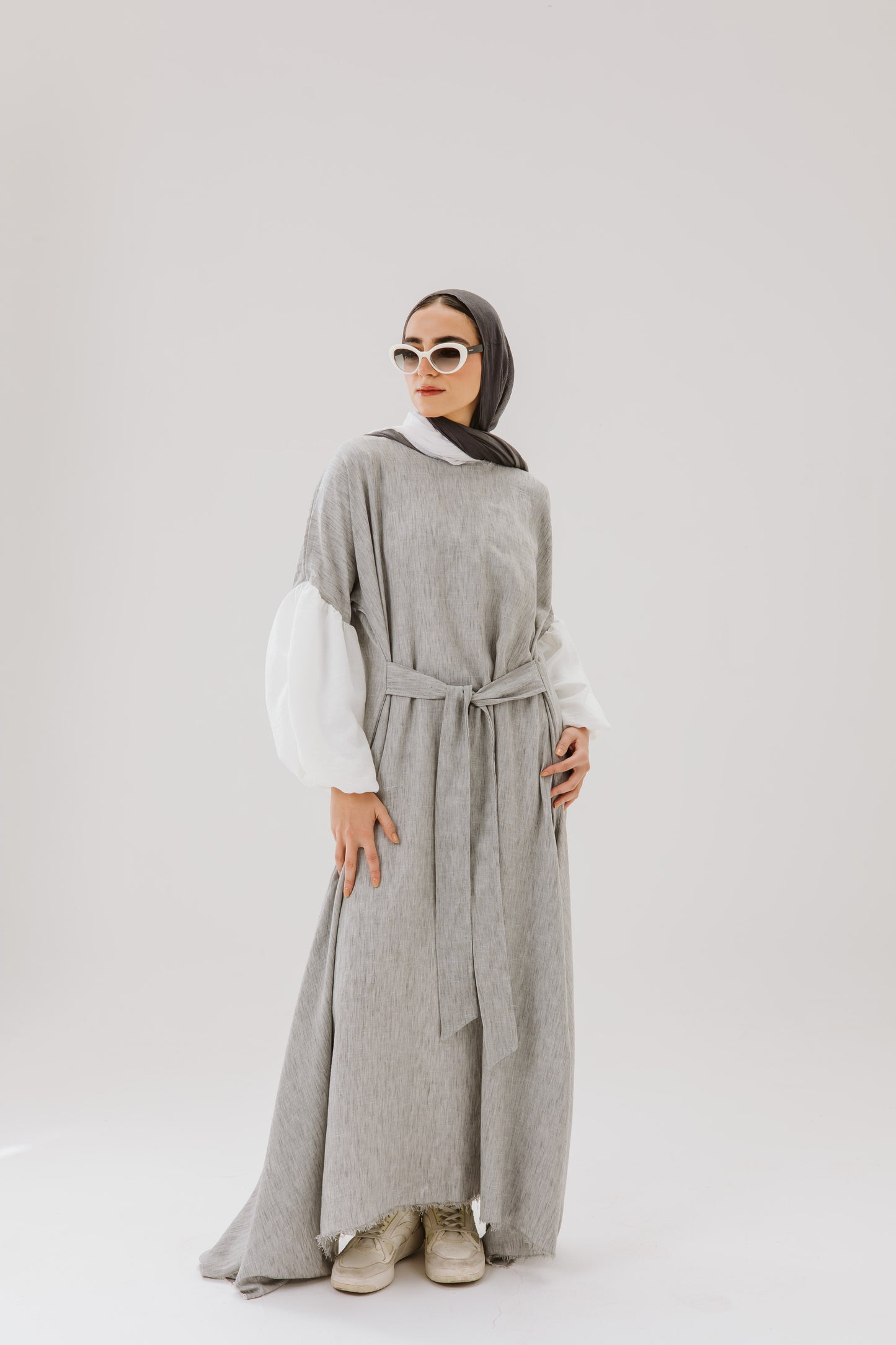 Asymmetrical Linen Wrap Dress in Grey