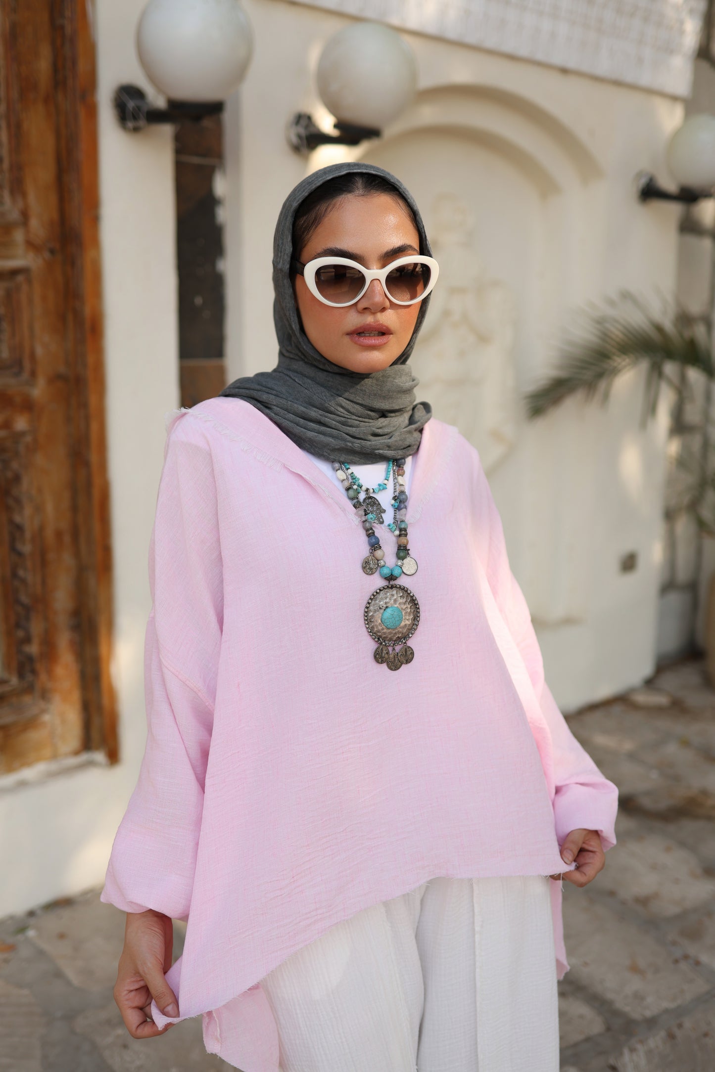 Flowy Linen Top in Powder Pink