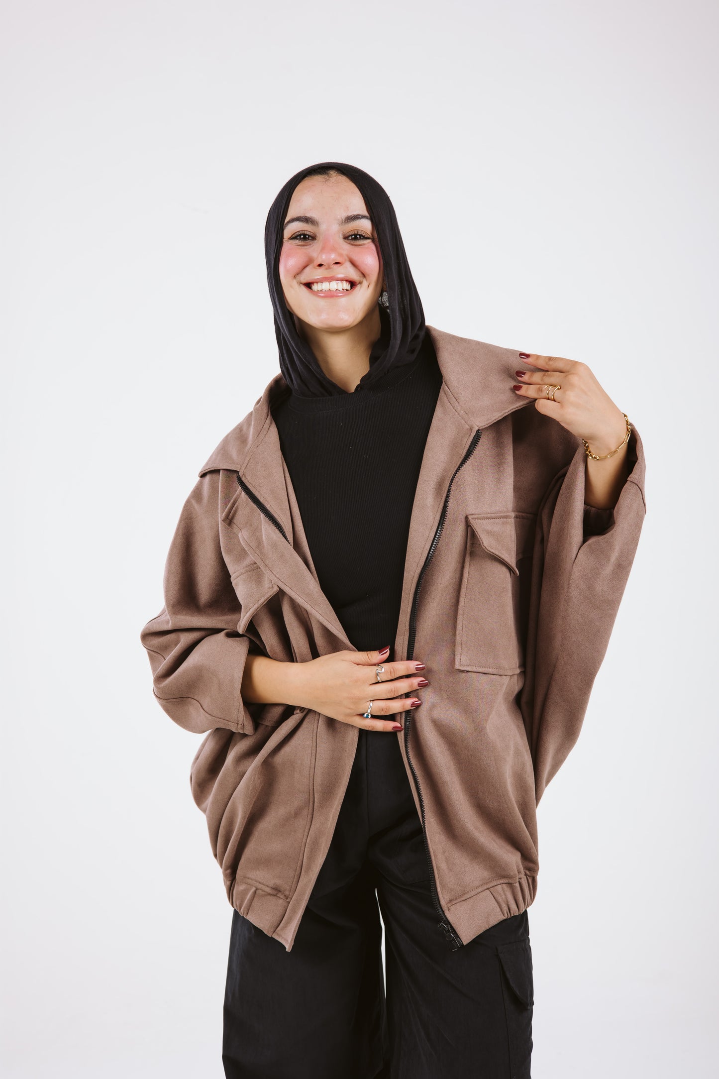 Oversized Suede Bomber Jacket in Moka