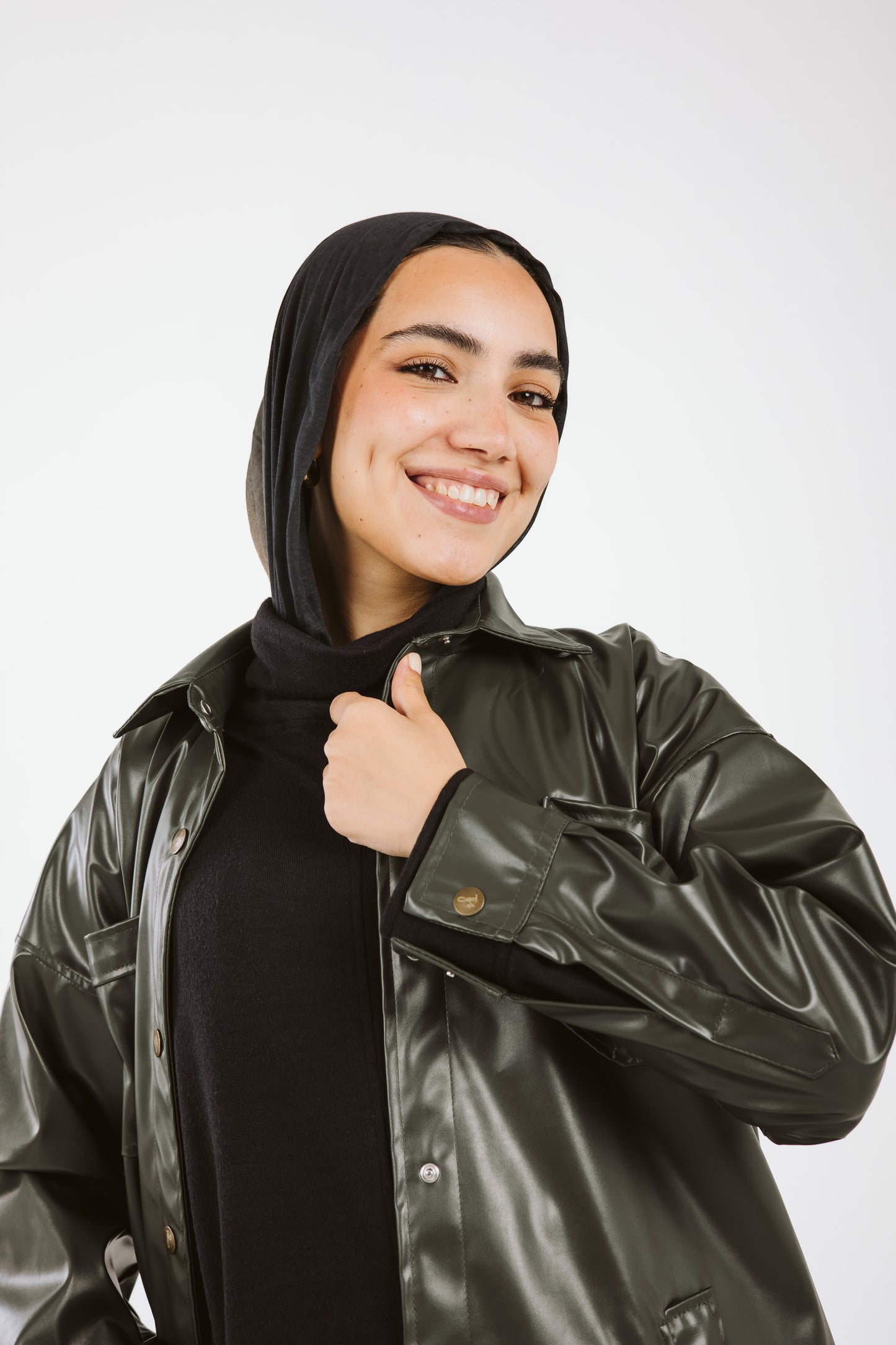 Faux Leather High Low Shirt in Olive