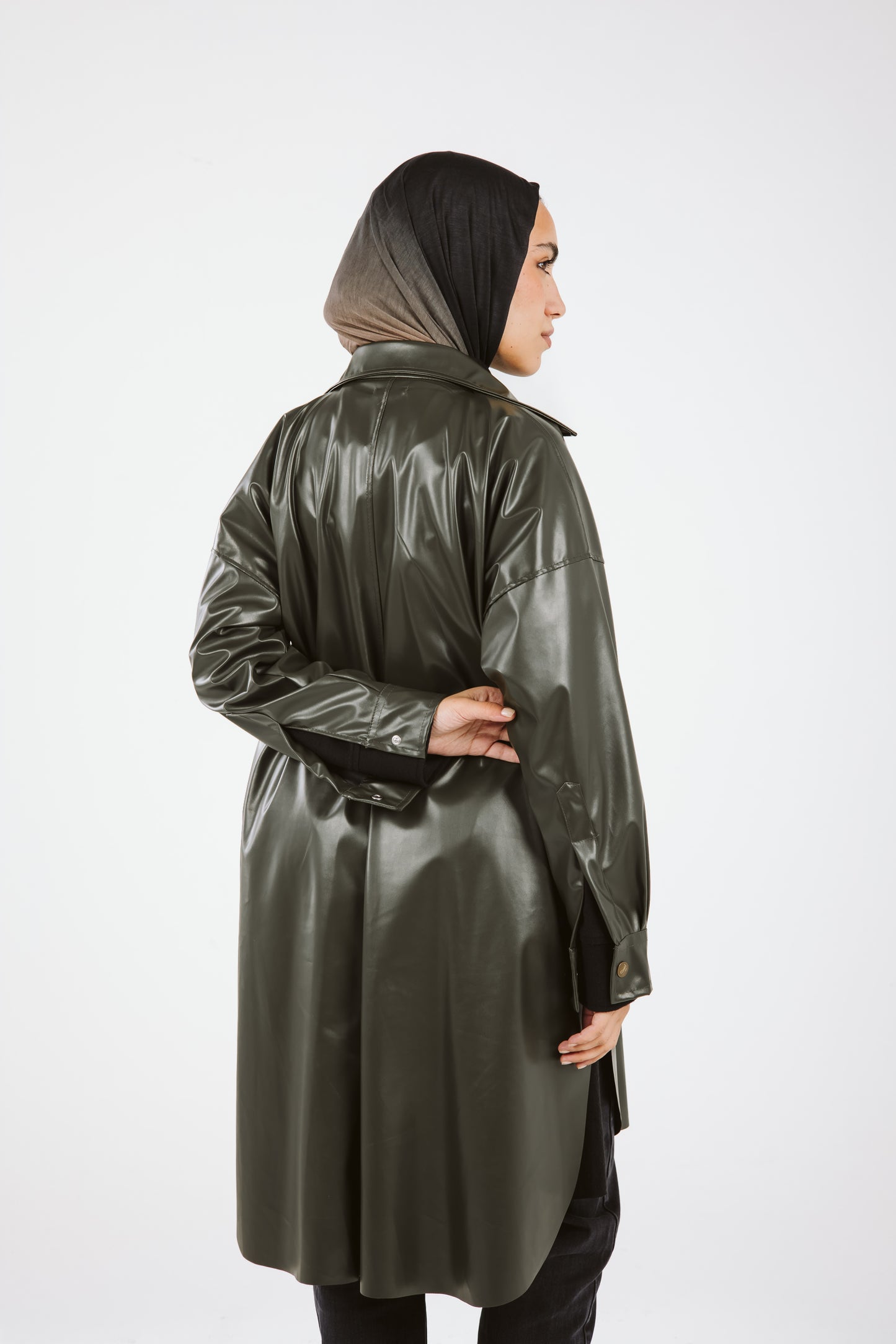 Faux Leather High Low Shirt in Olive