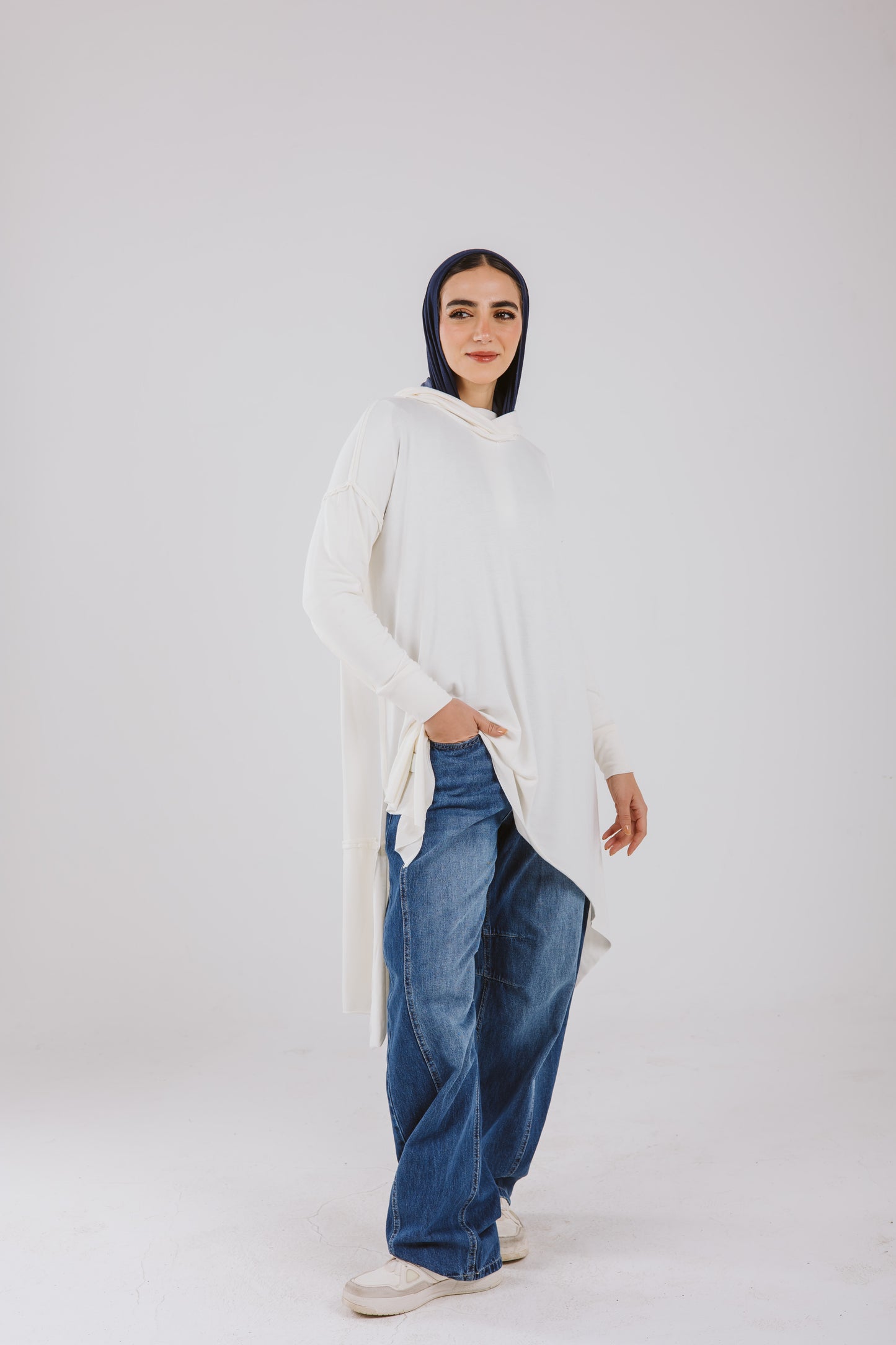 High Waist Balloon Denim Pants in Washed Dark Blue