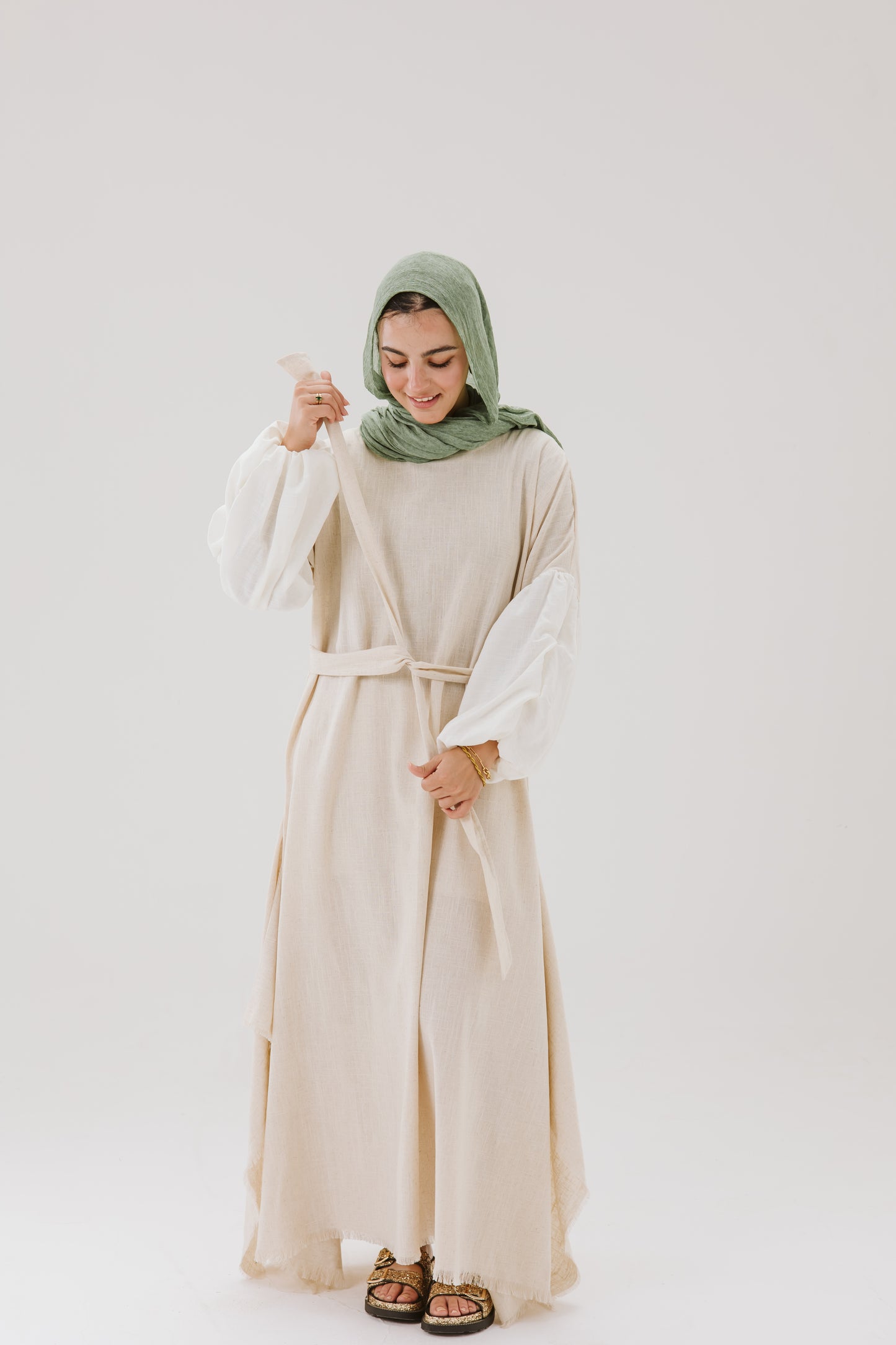 Asymmetrical Linen Wrap Dress in Beige