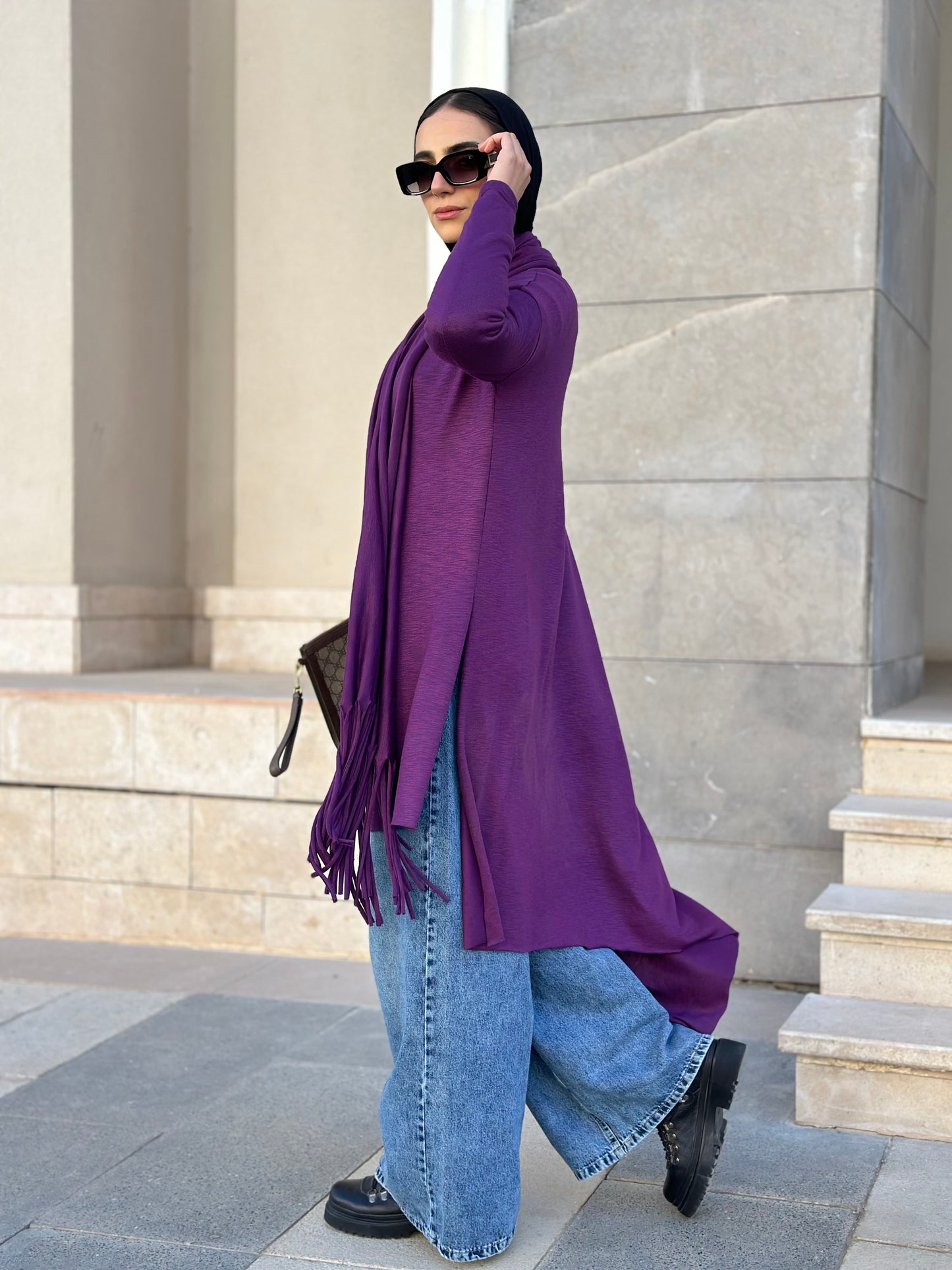 Waves Top with Fringes Scarf in Purple