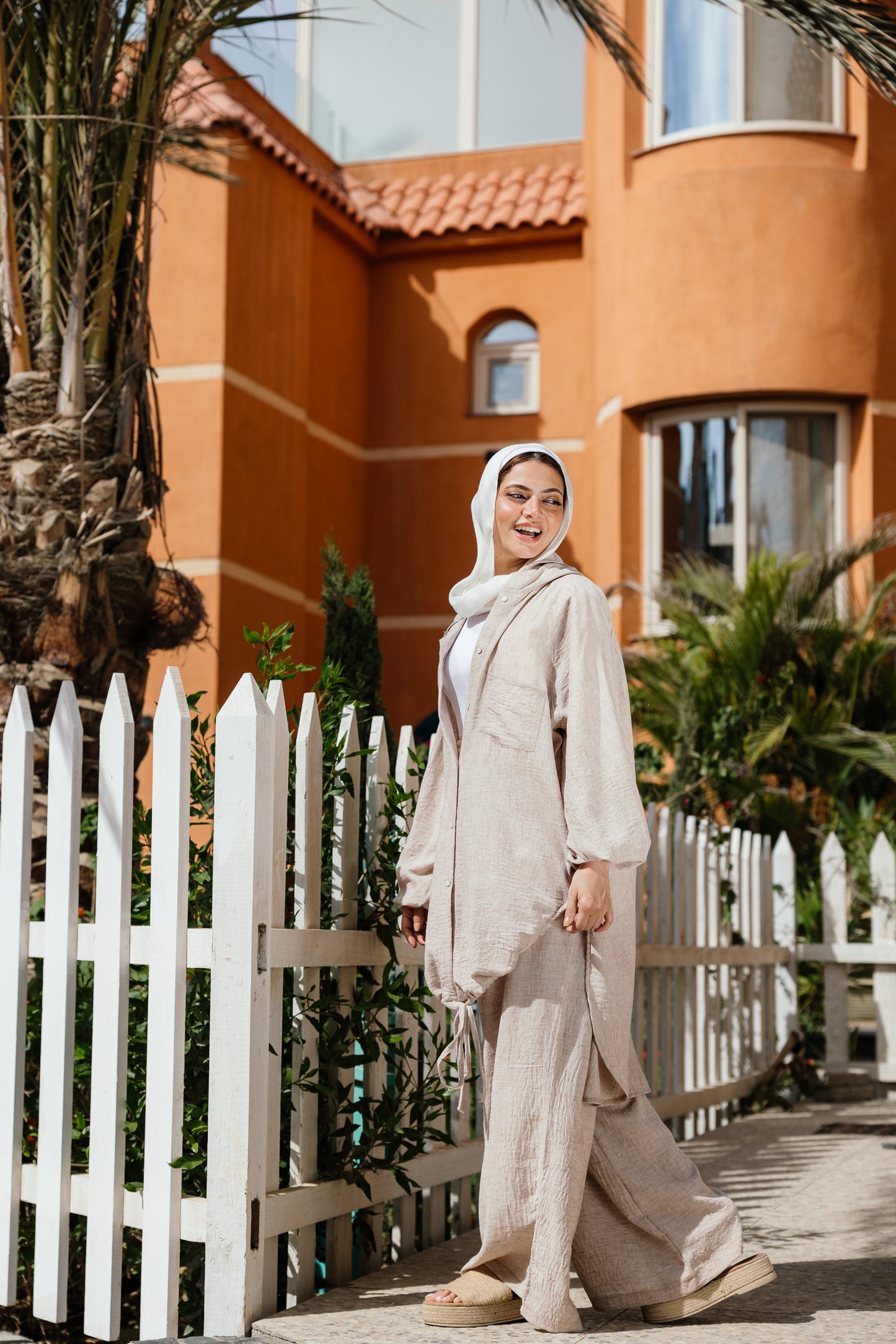 Hoodie Linen Shirt Set in Beige