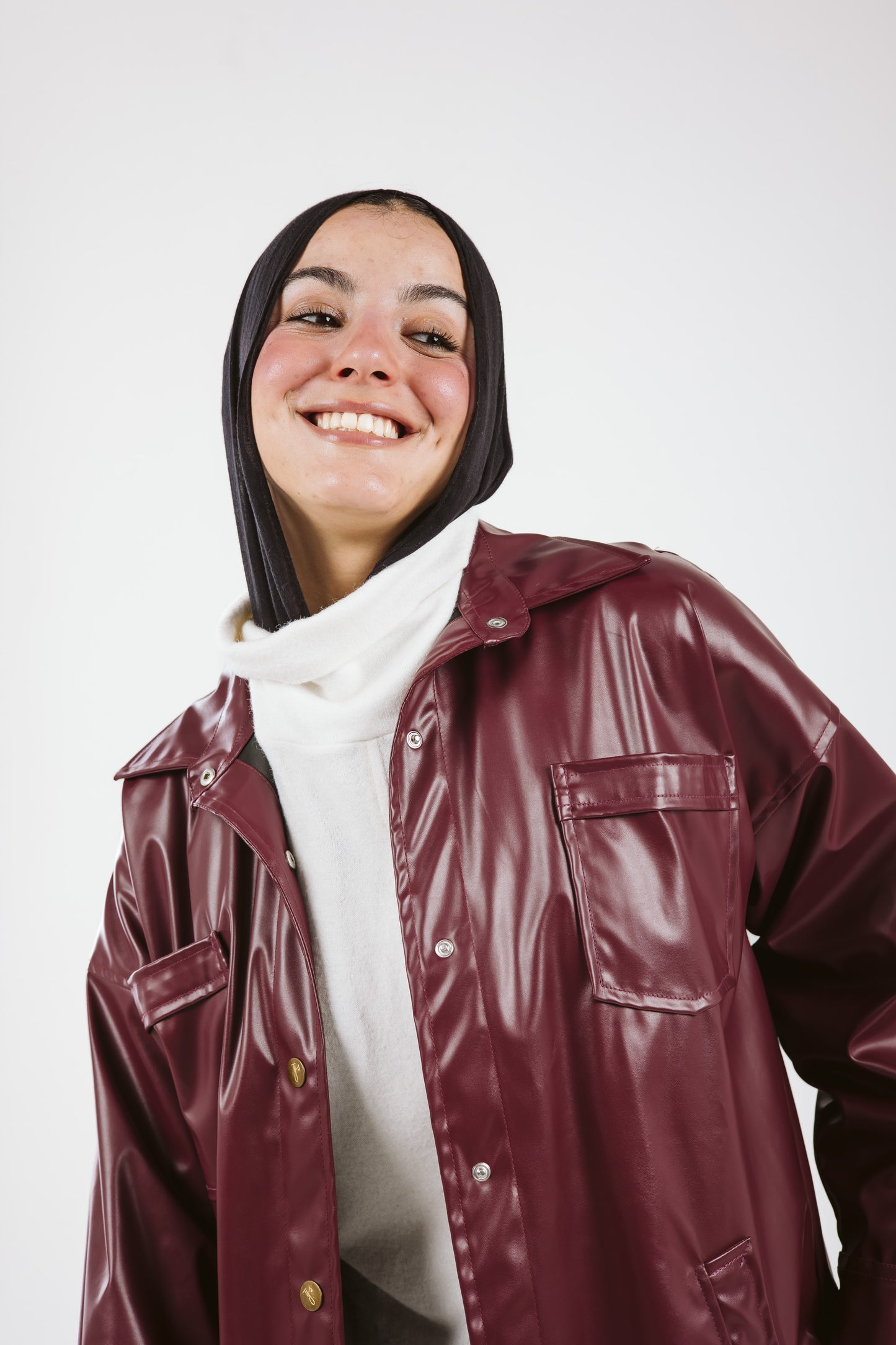 Faux Leather High Low Shirt in Burgundy