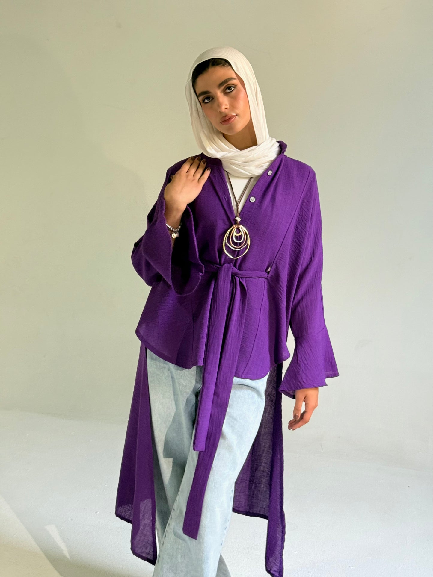 Linen Belted Asymmetrical Shirt in Purple