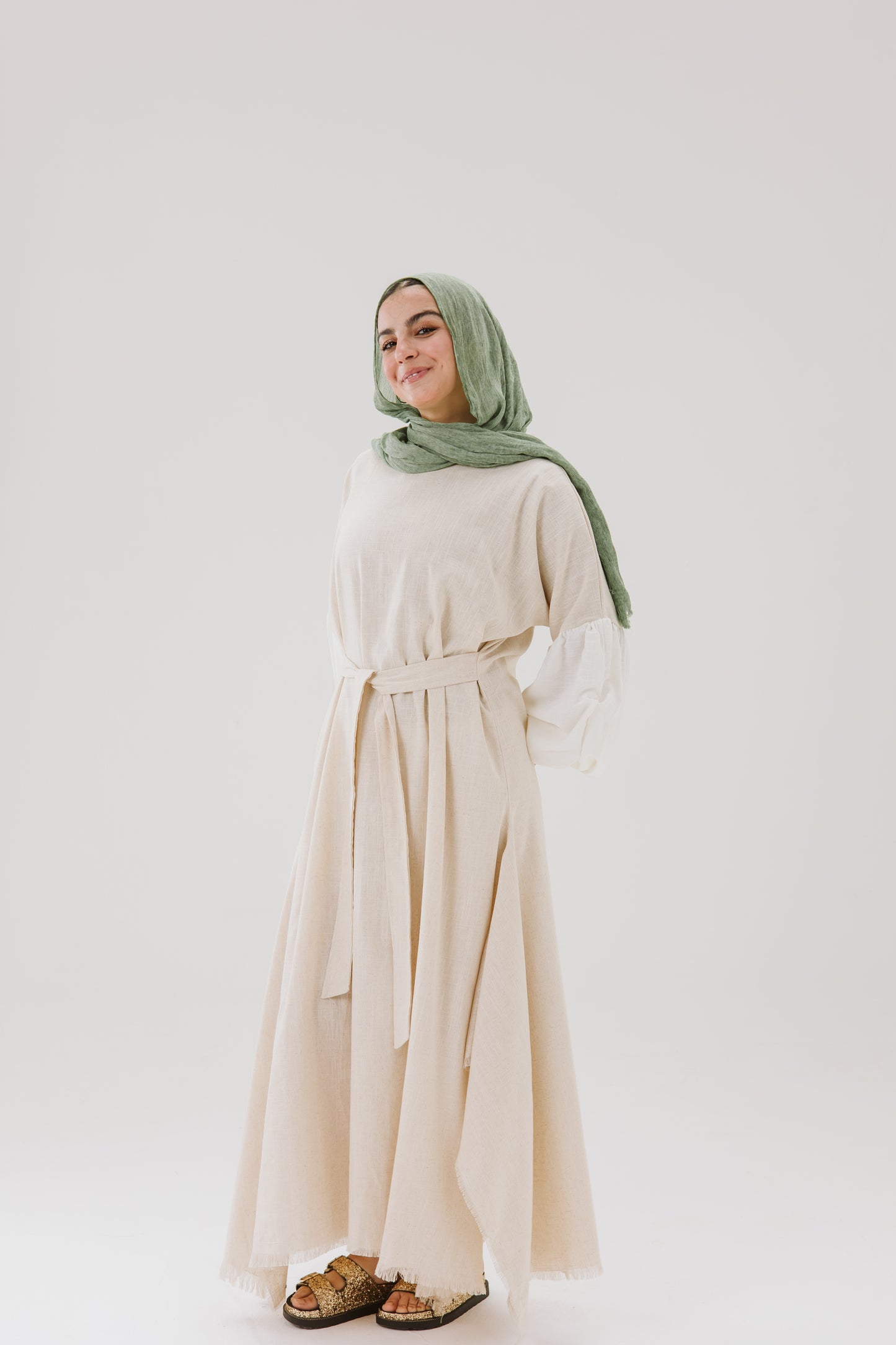 Asymmetrical Linen Wrap Dress in Beige
