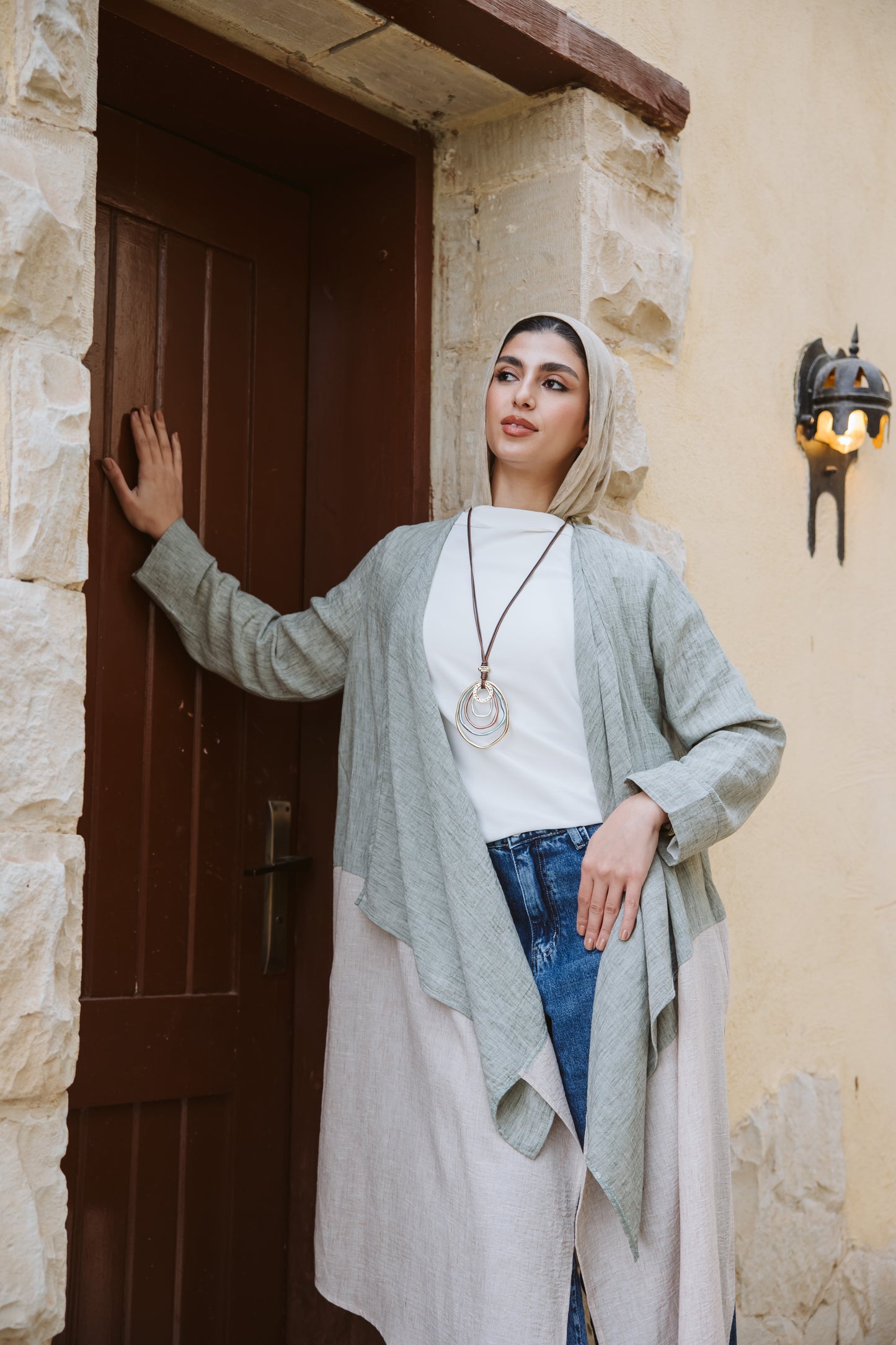 Asymmetrical bicolor linen Cardigan in Mint