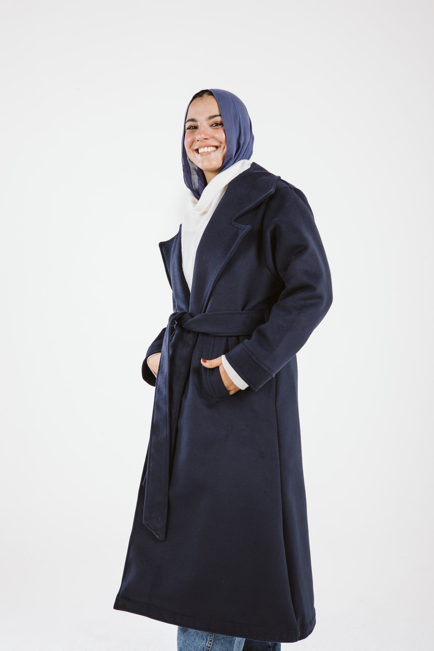 Woolen Trench Coat in Navy Blue
