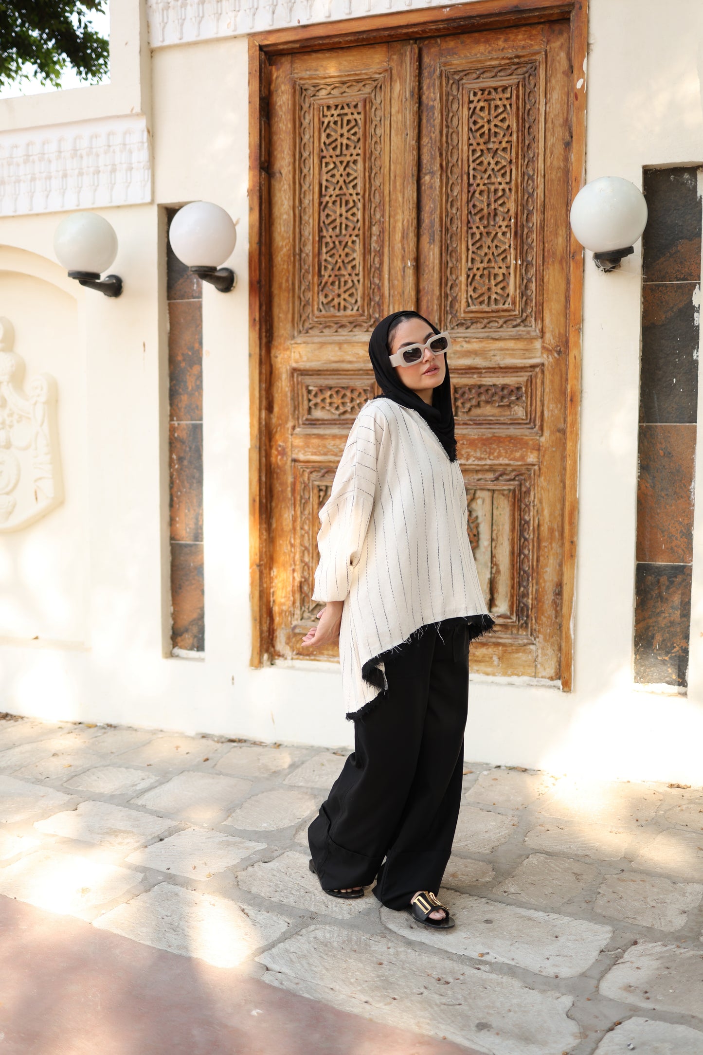 Flowy Stripes Linen Top in Ivory