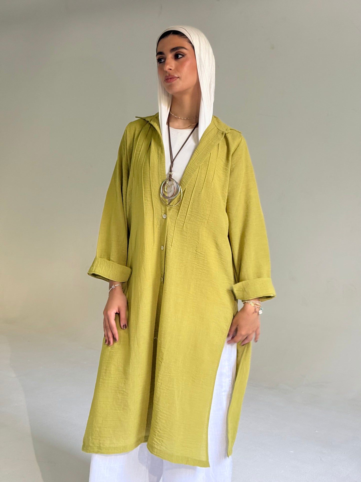 Long Linen Shirt in Olive