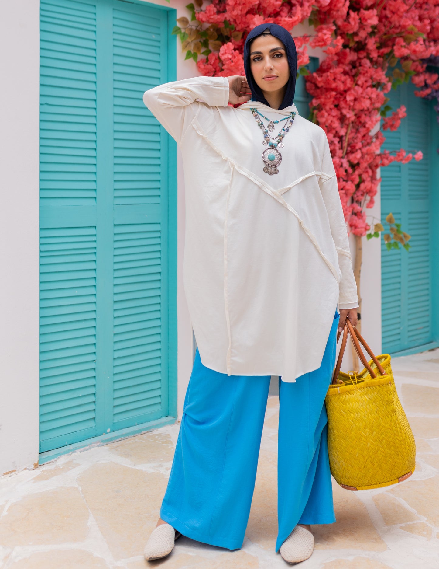 Stitch Cotton Hoodie Top in Off White