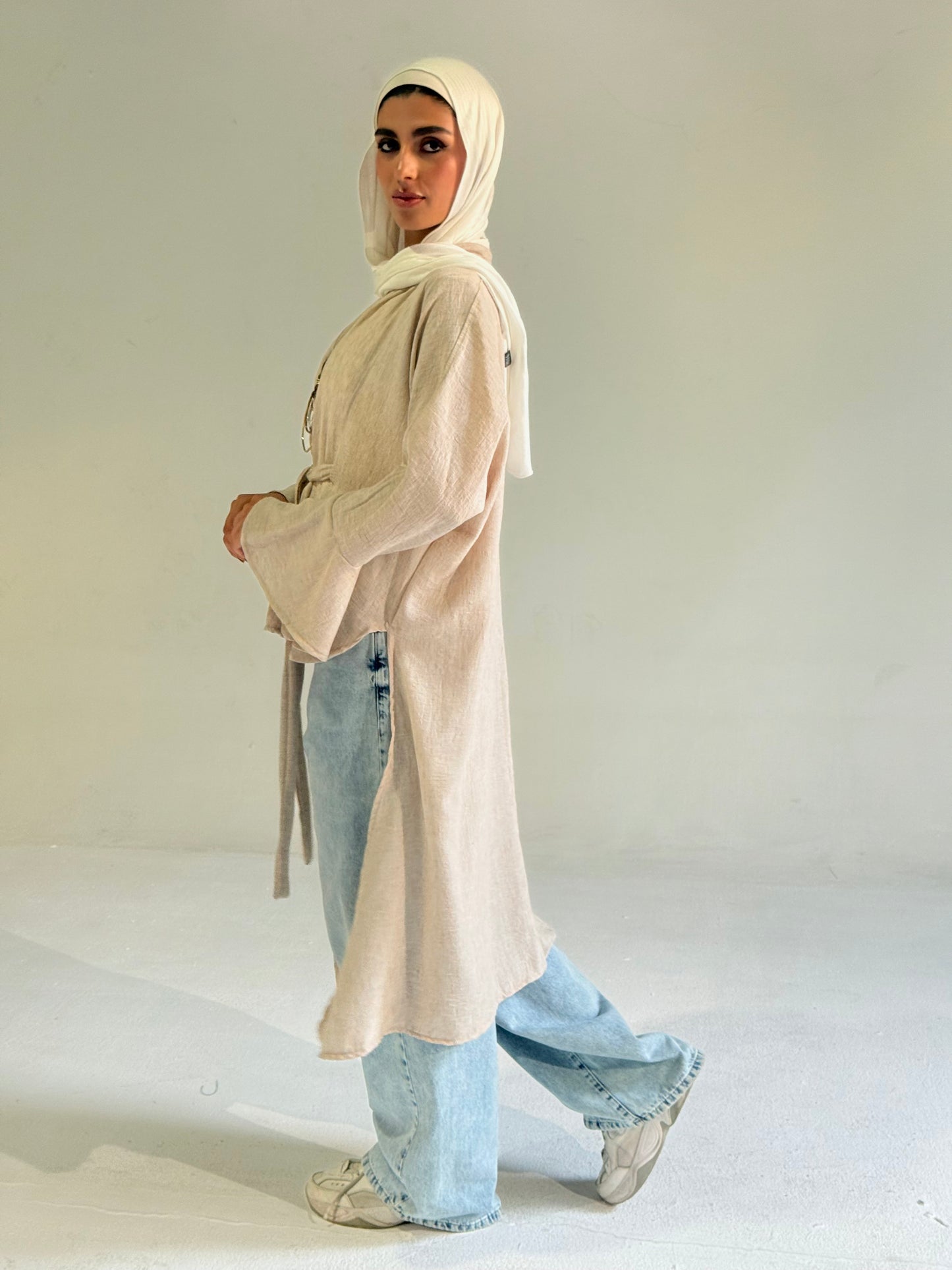 Linen Belted Asymmetrical Shirt in Beige