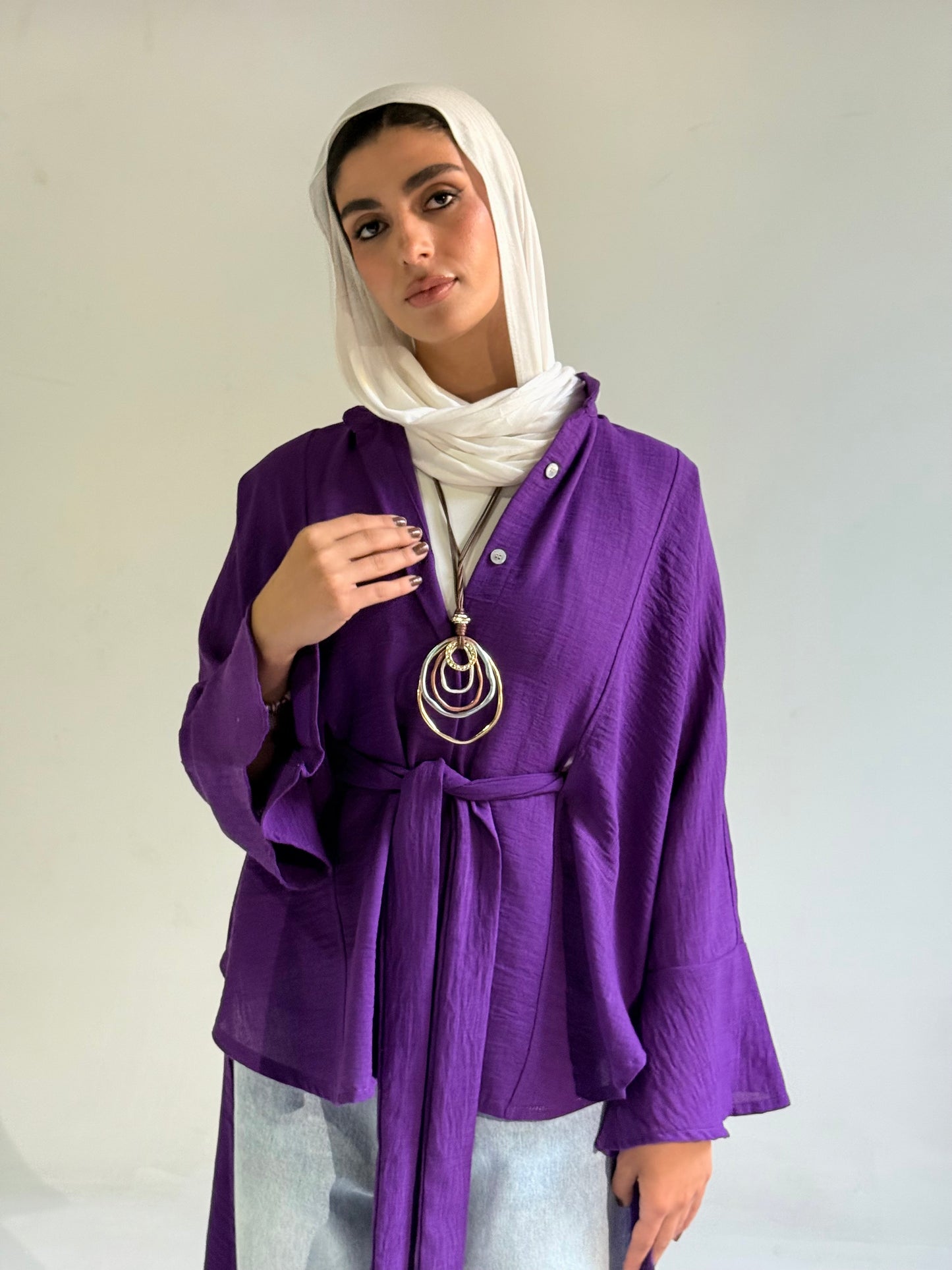 Linen Belted Asymmetrical Shirt in Purple