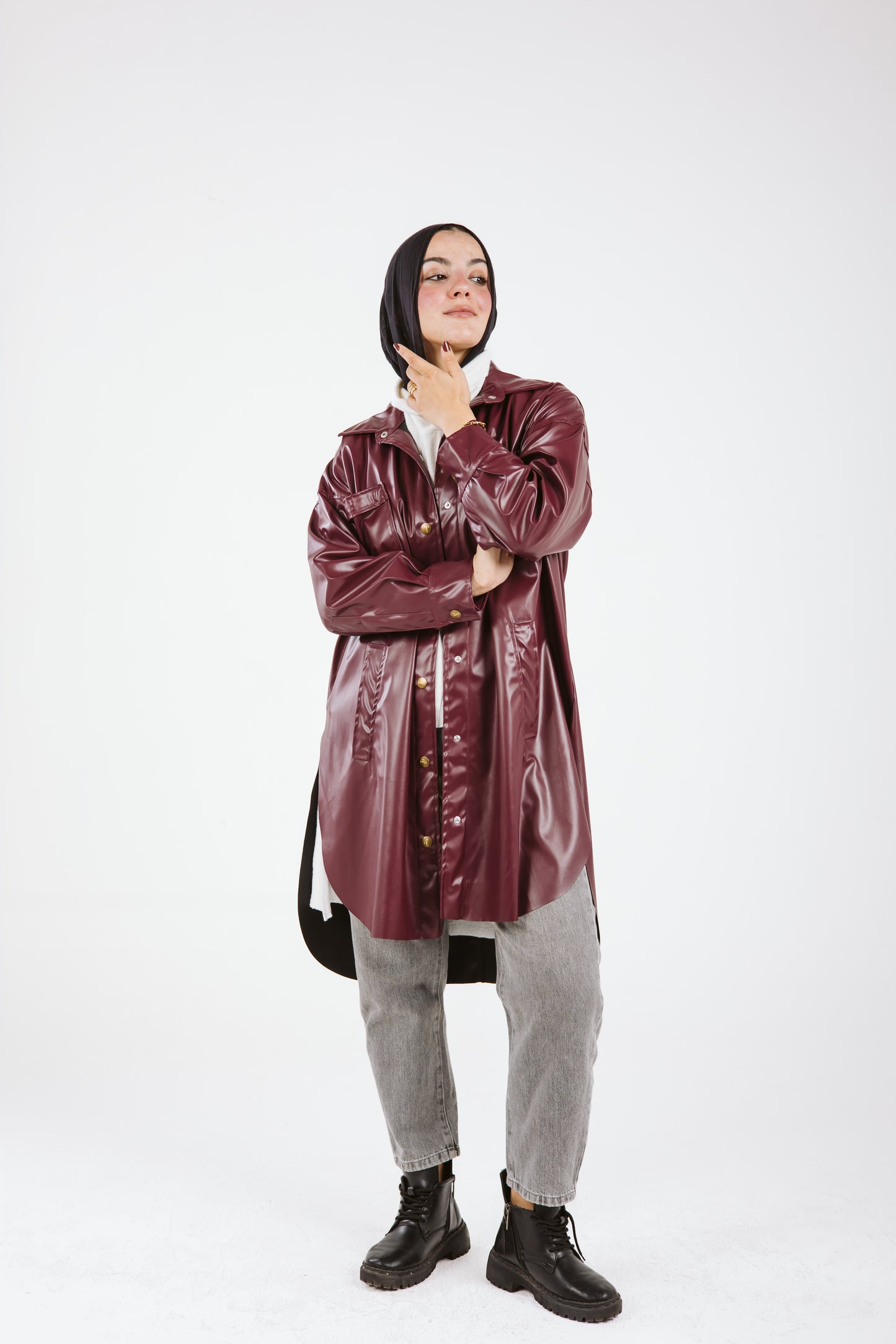 Faux Leather High Low Shirt in Burgundy