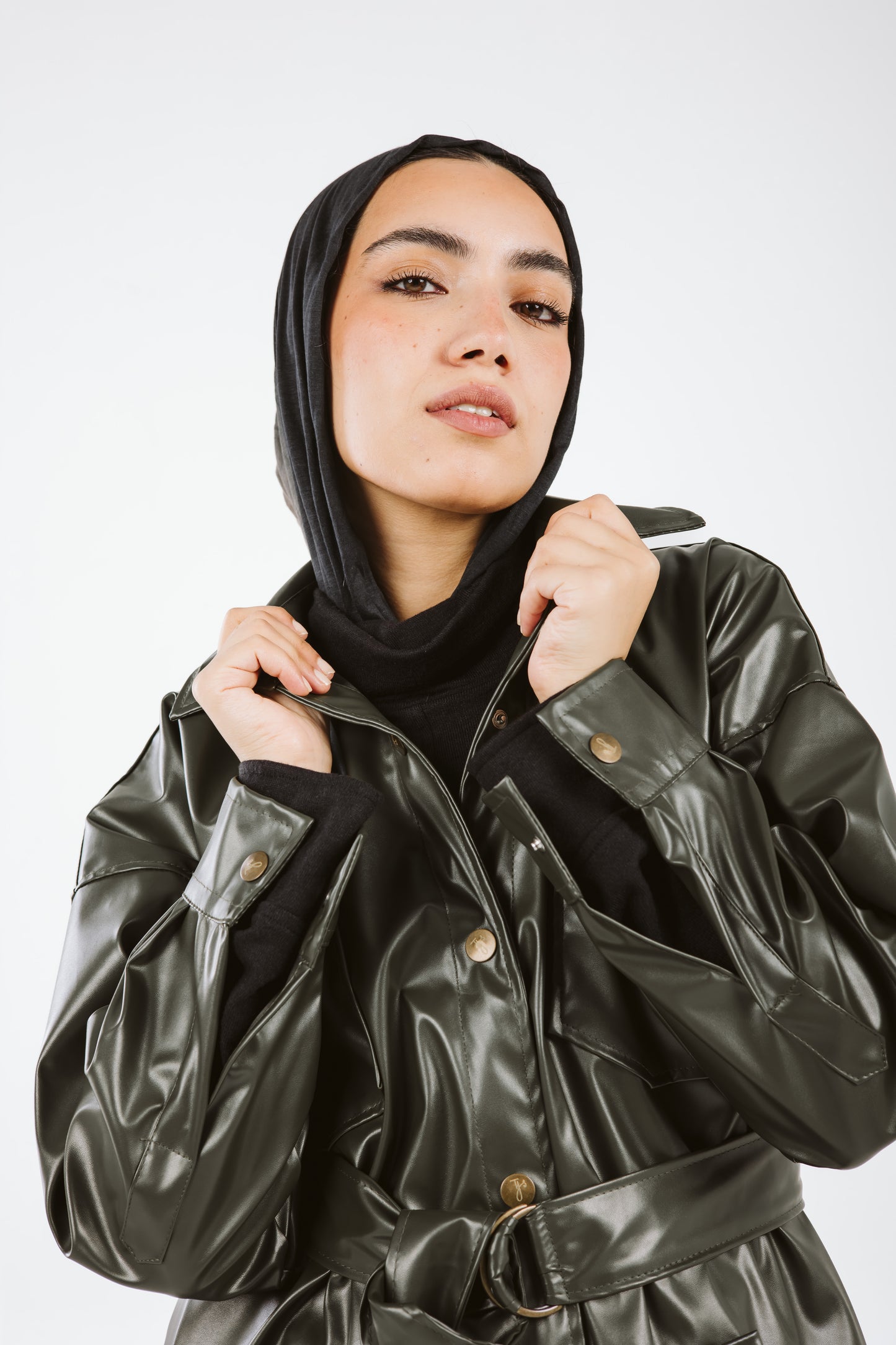 Faux Leather High Low Shirt in Olive
