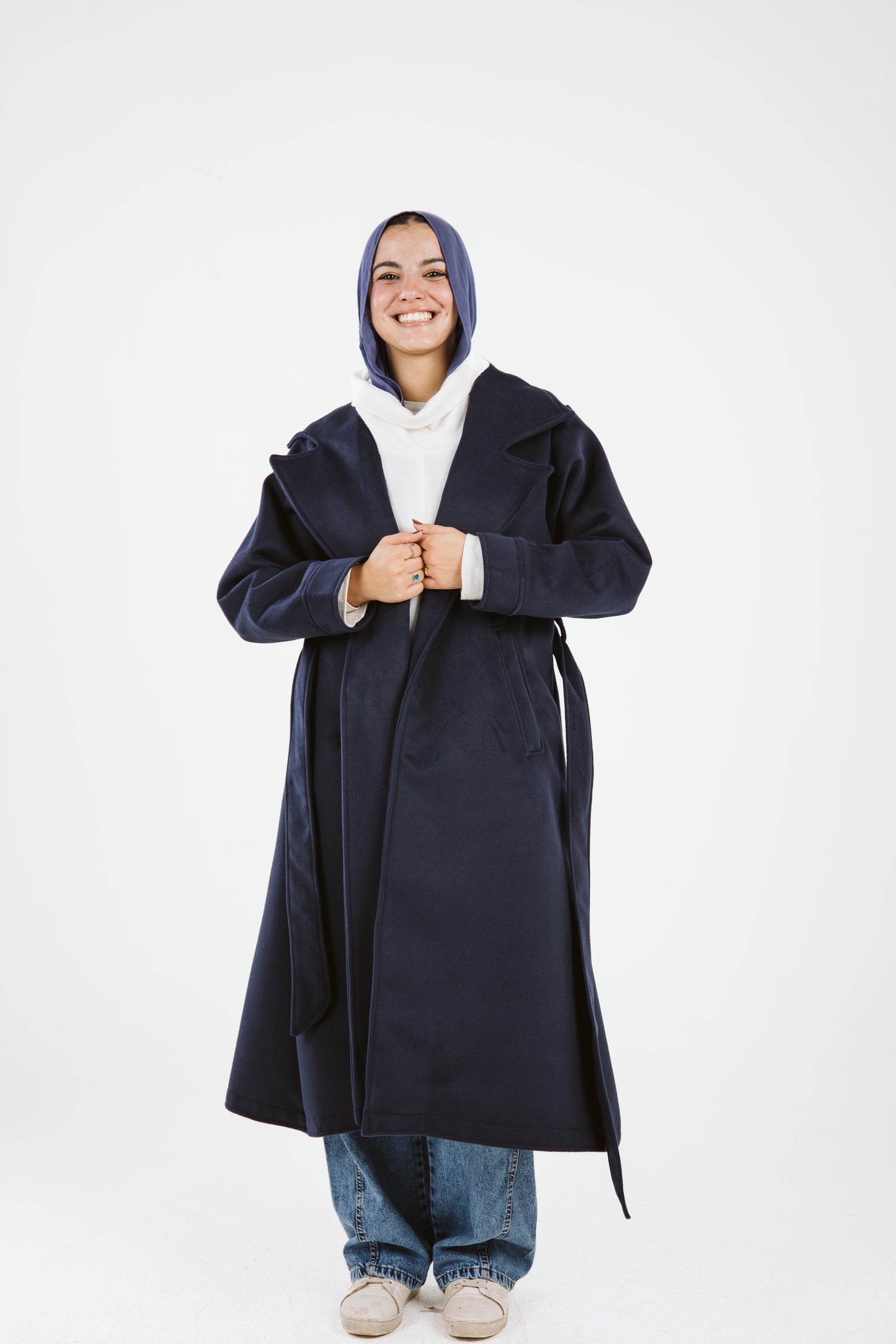 Woolen Trench Coat in Navy Blue