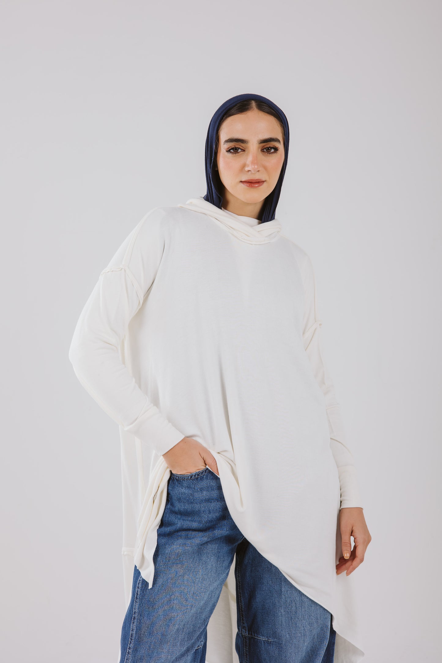 Asymmetrical Stitches Hoodie Top in White
