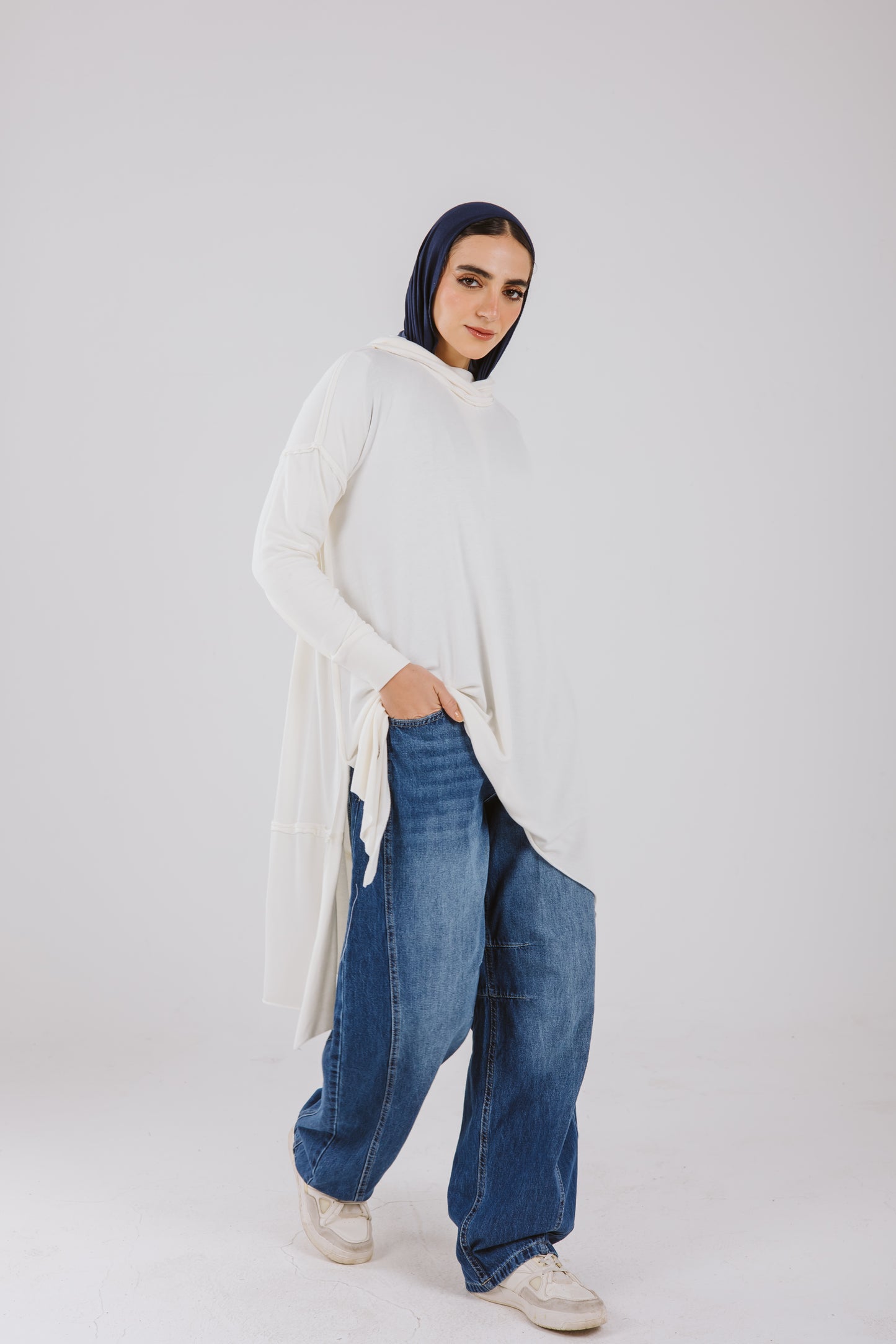 Asymmetrical Stitches Hoodie Top in White