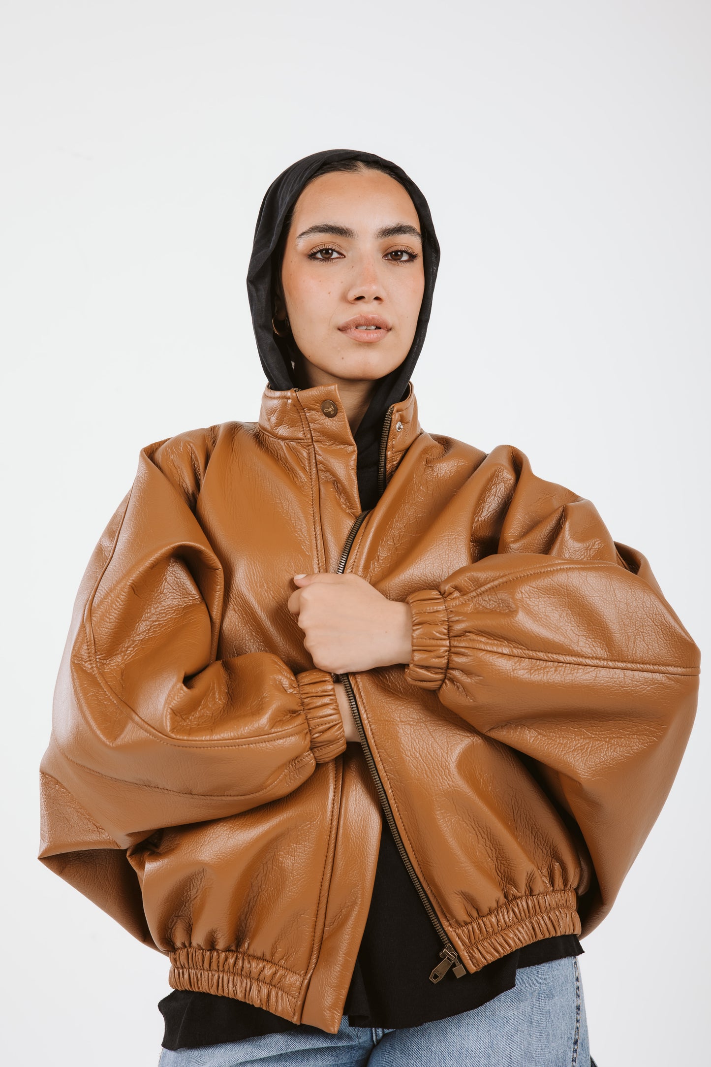 Oversized Leather Jacket in caramel