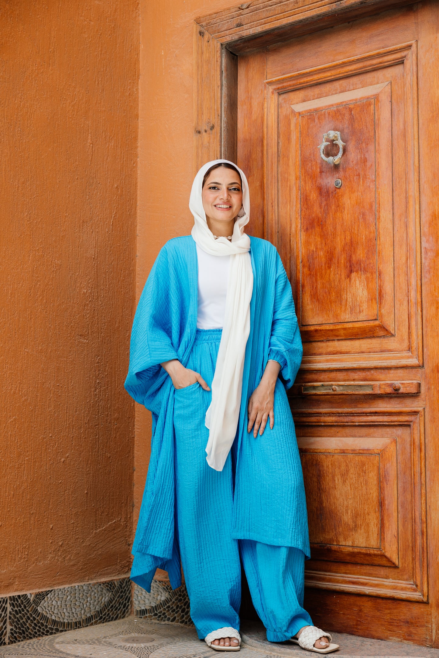 Puffy Sleeves Pleated Set in Turquoise