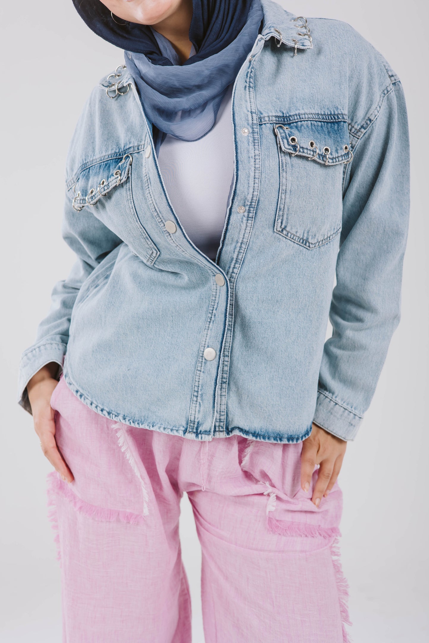 Denim Pockets Shirt with silver rings