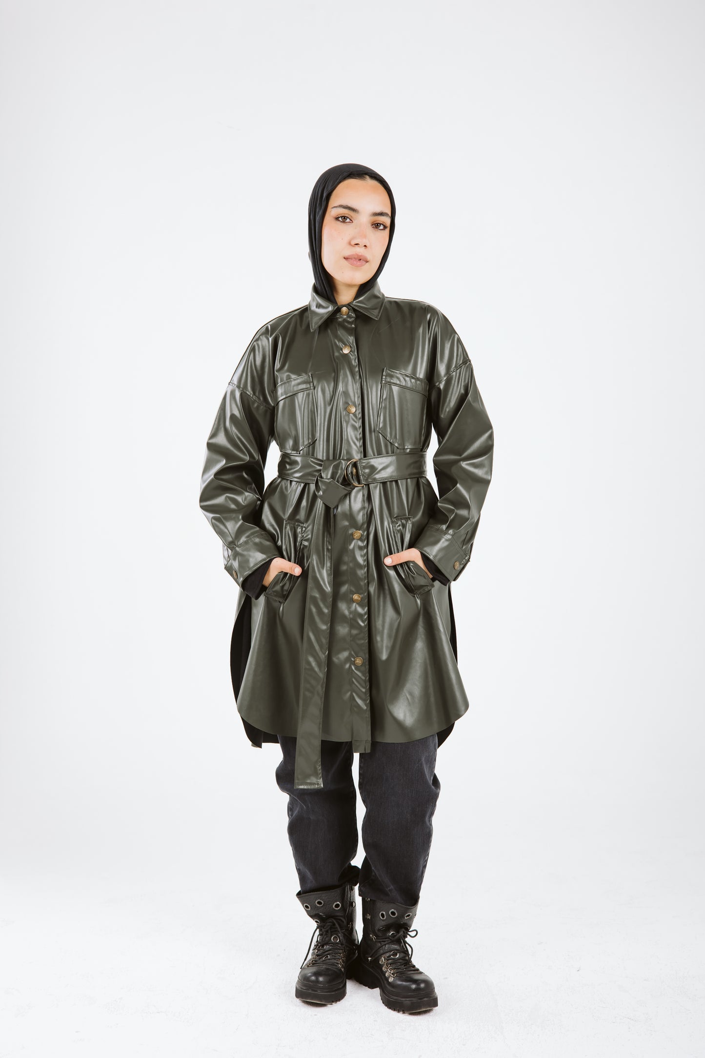 Faux Leather High Low Shirt in Olive