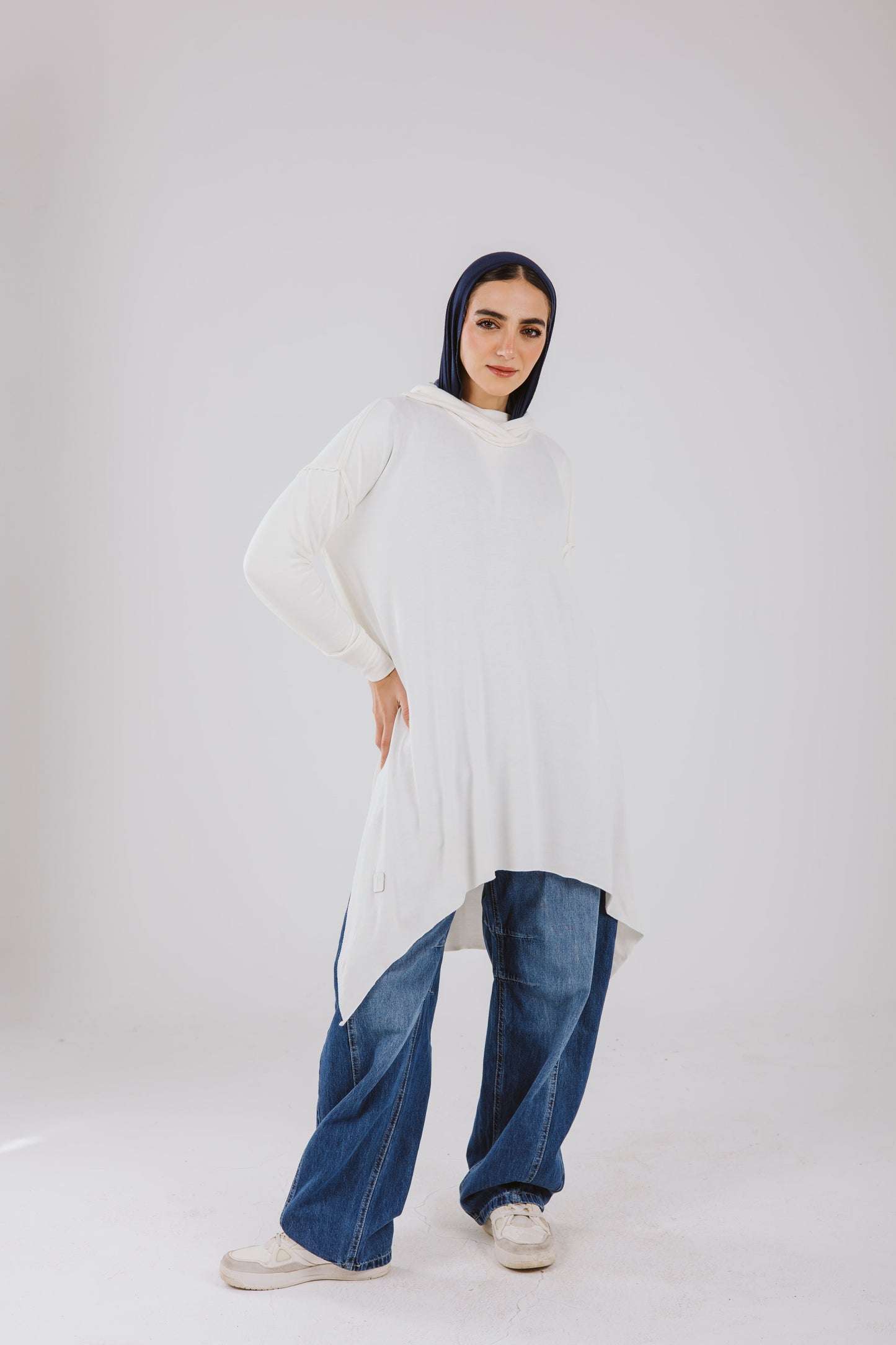 Asymmetrical Stitches Hoodie Top in White