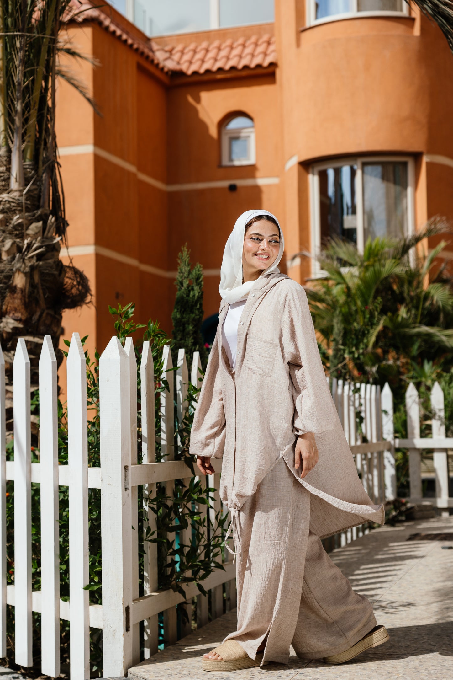 Hoodie Linen Shirt Set in Beige
