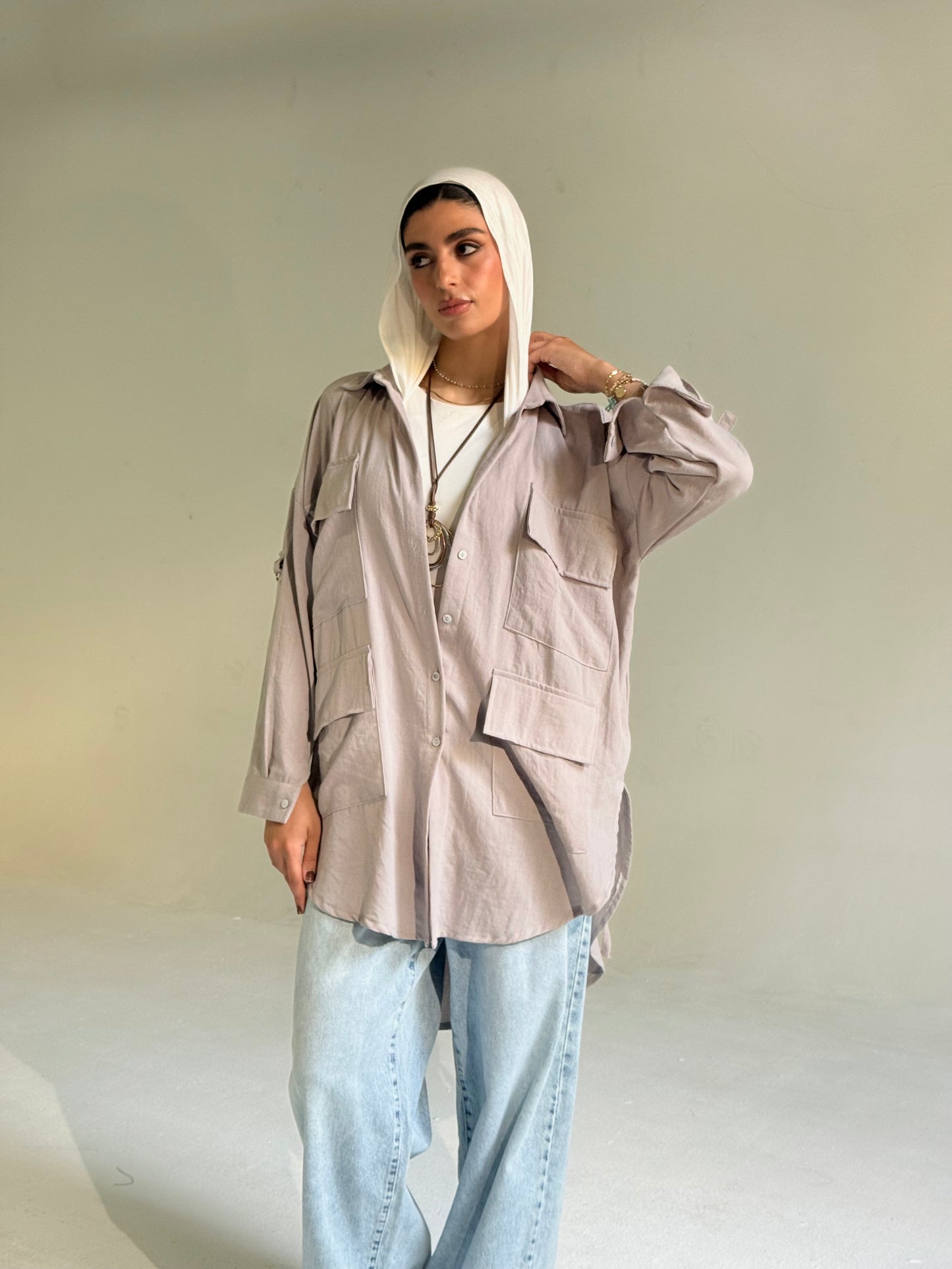 Linen Pockets Oversized High Low Shirt in Light Grey