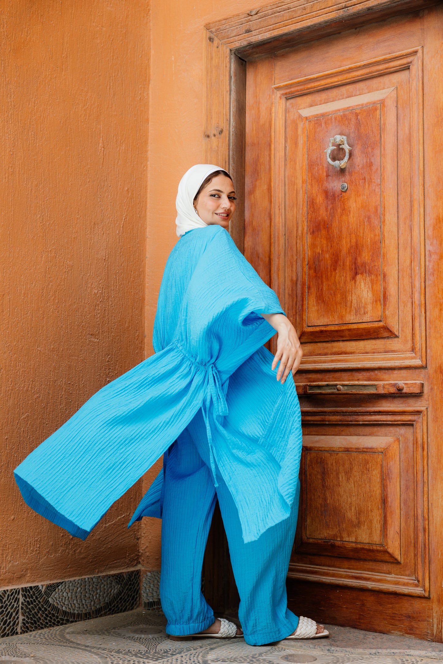 Puffy Sleeves Pleated Set in Turquoise