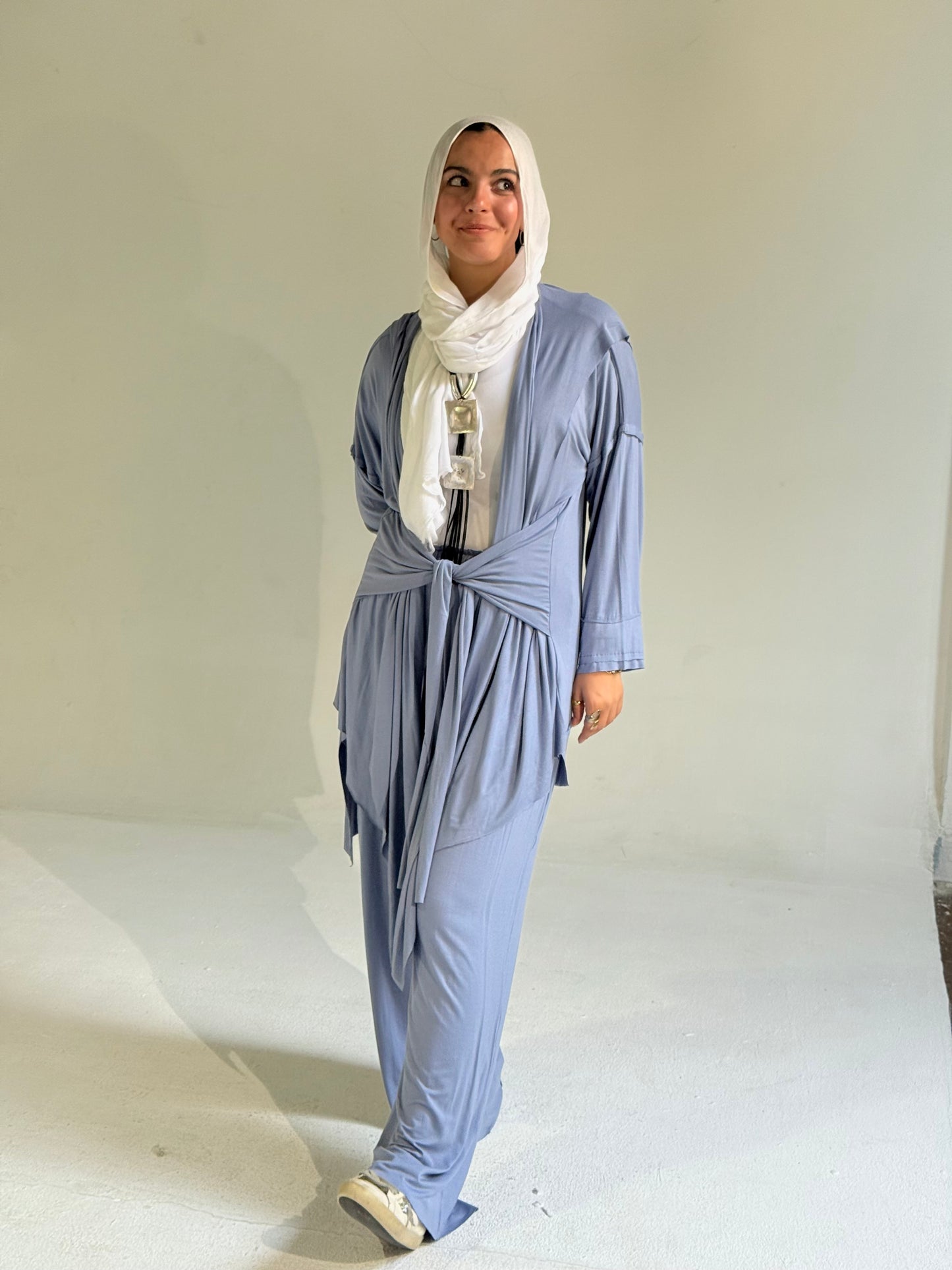 Asymmetrical Cardigan Set in Blue Jeans