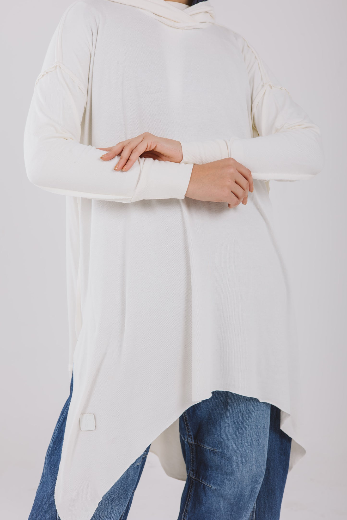 Asymmetrical Stitches Hoodie Top in White
