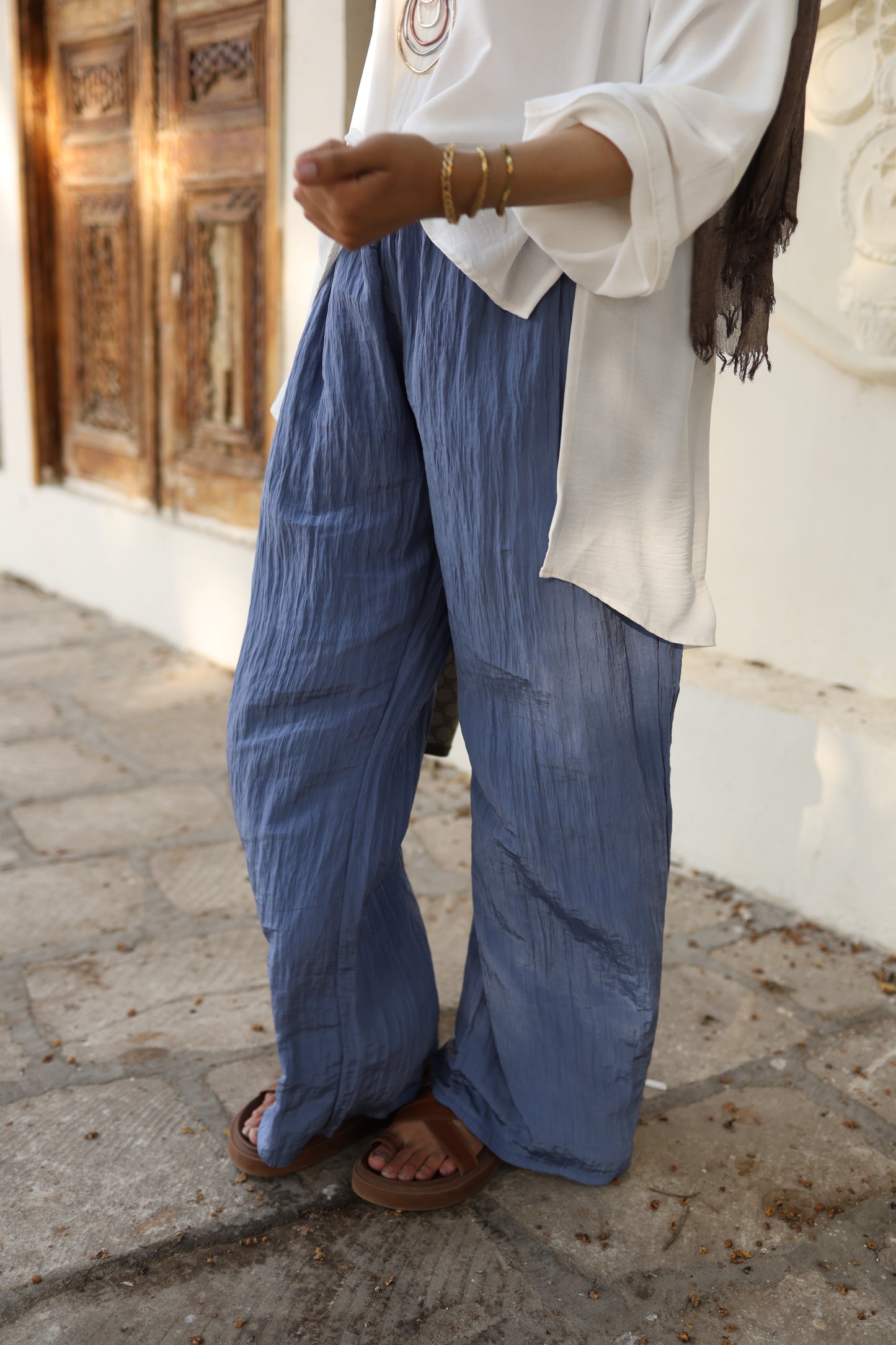 Crushed Wide Pants in Steel Blue