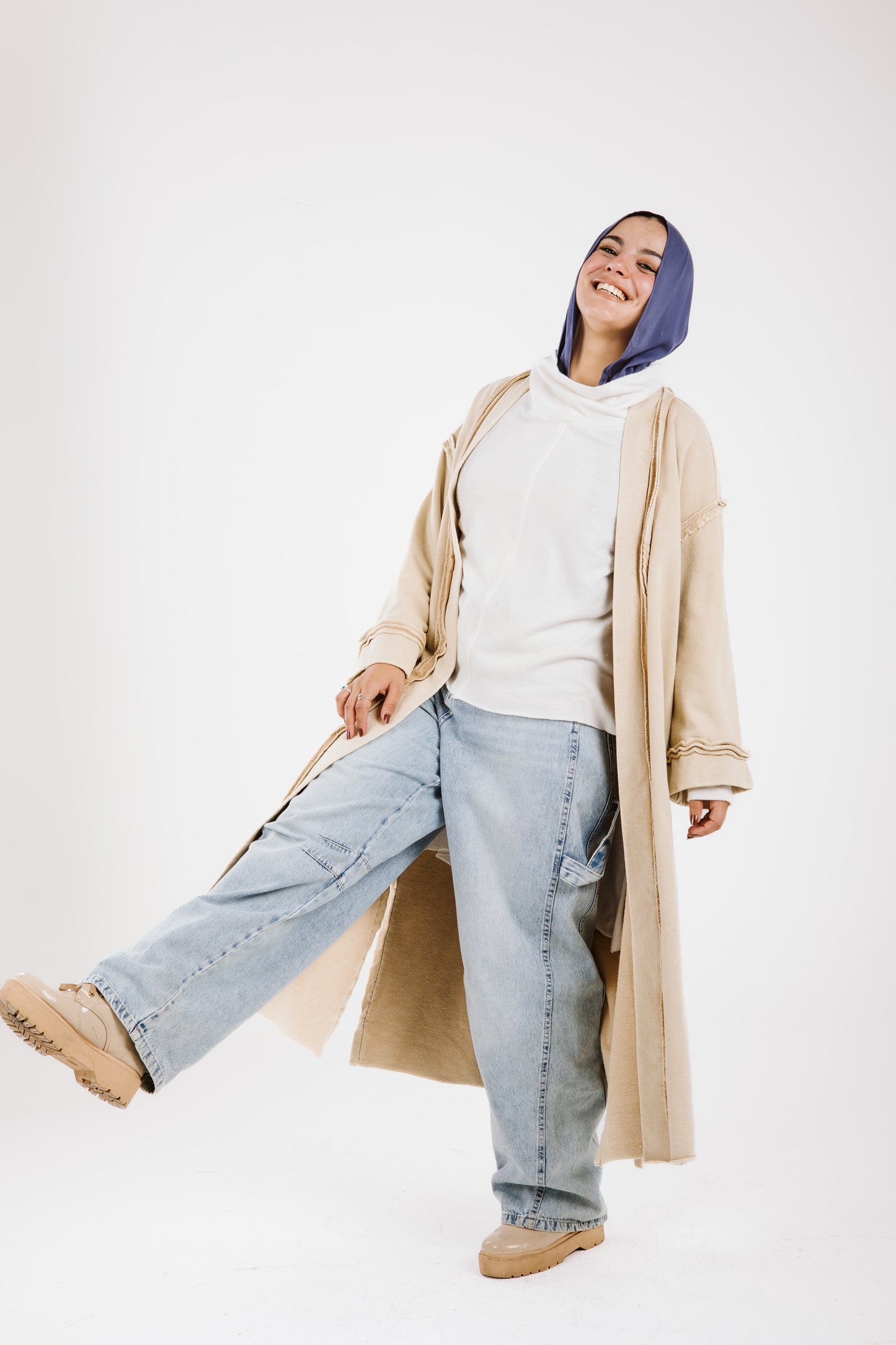 Long Stitches Cotton Melton Washed Cardigan in Beige