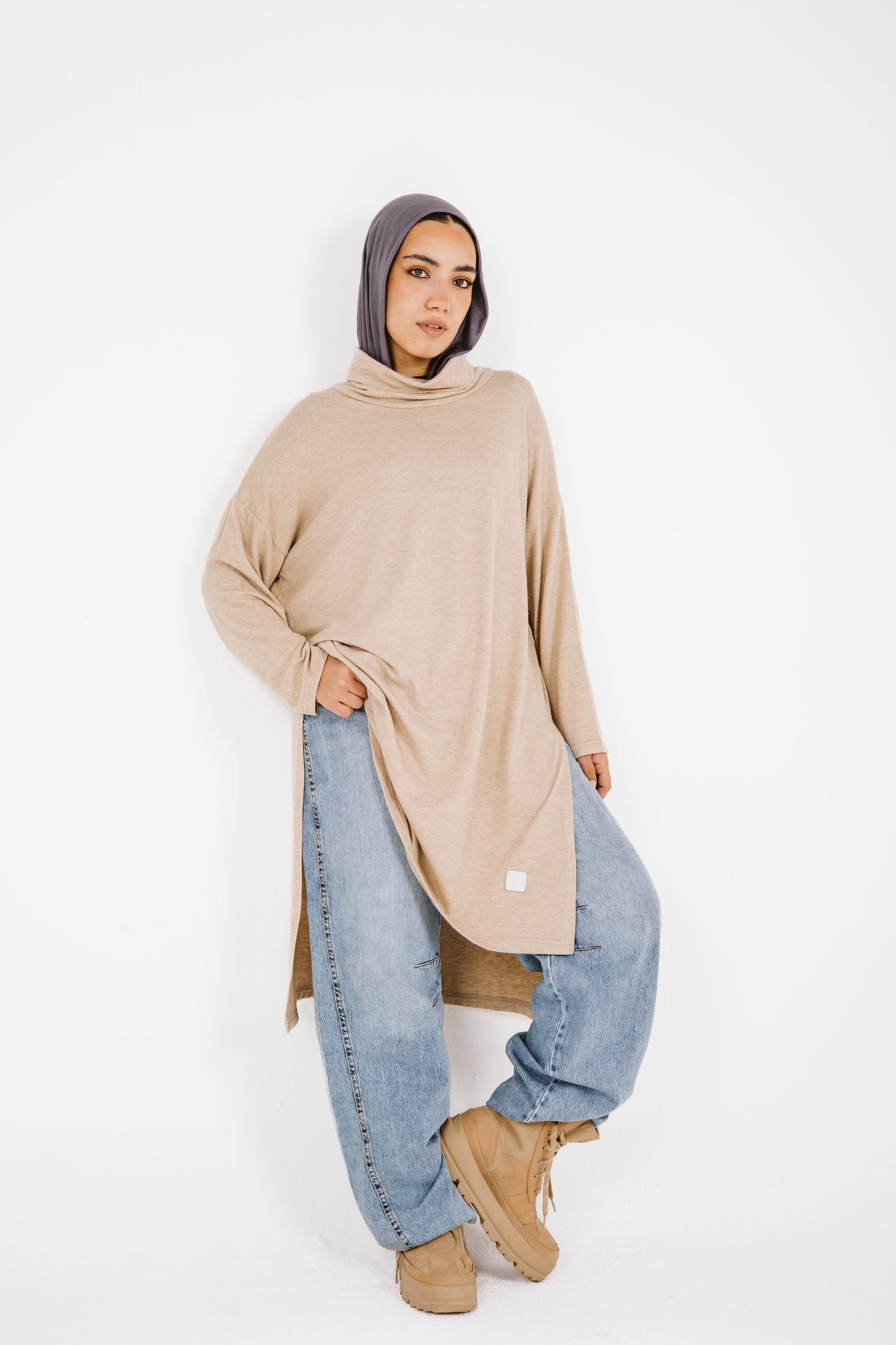 High Low Soft Wool Top in Beige