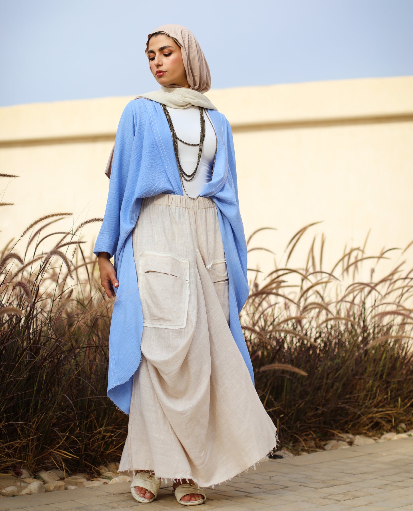 Asymmetrical Linen Pockets Skirt in Beige