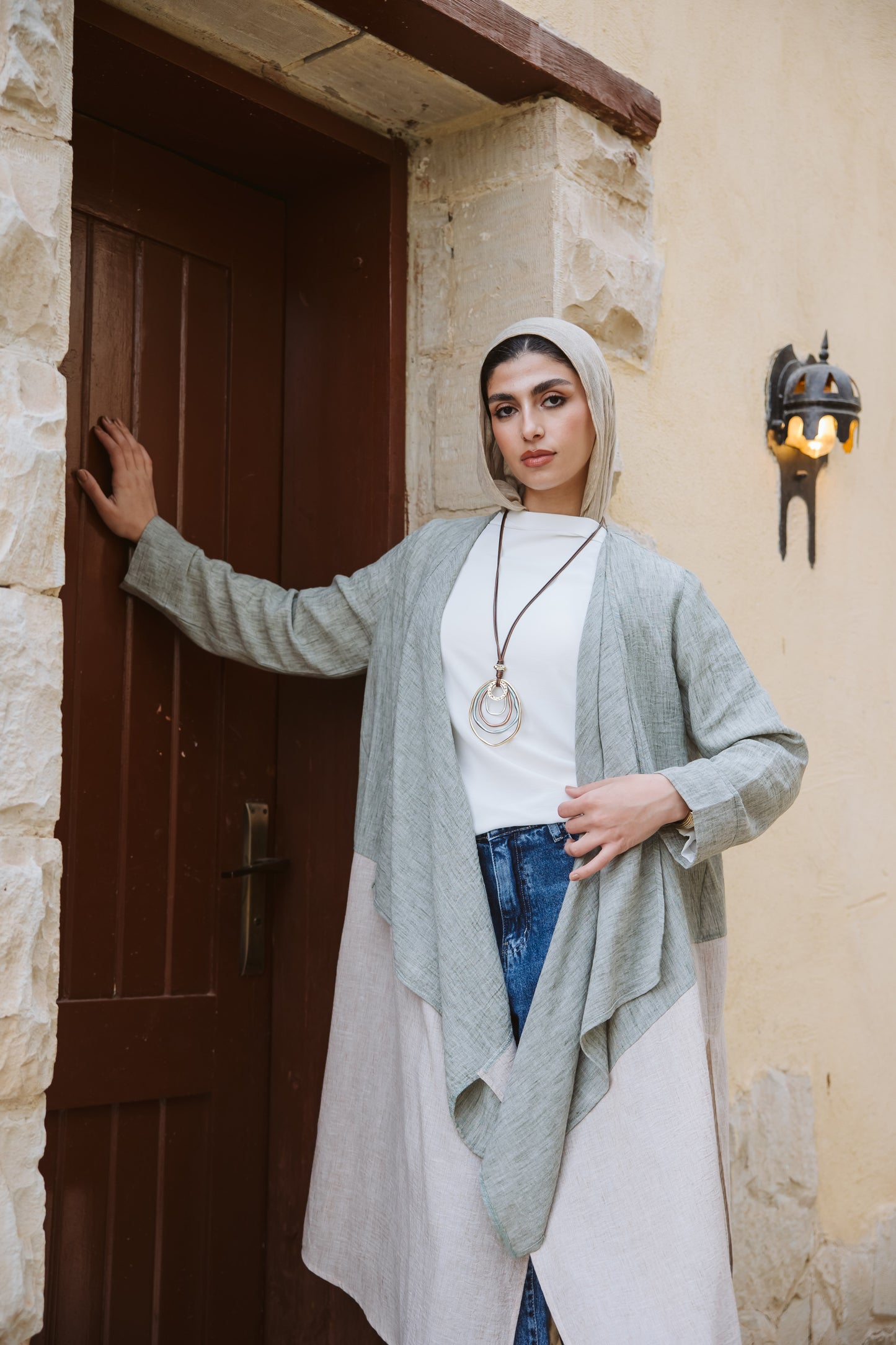 Asymmetrical bicolor linen Cardigan in Mint