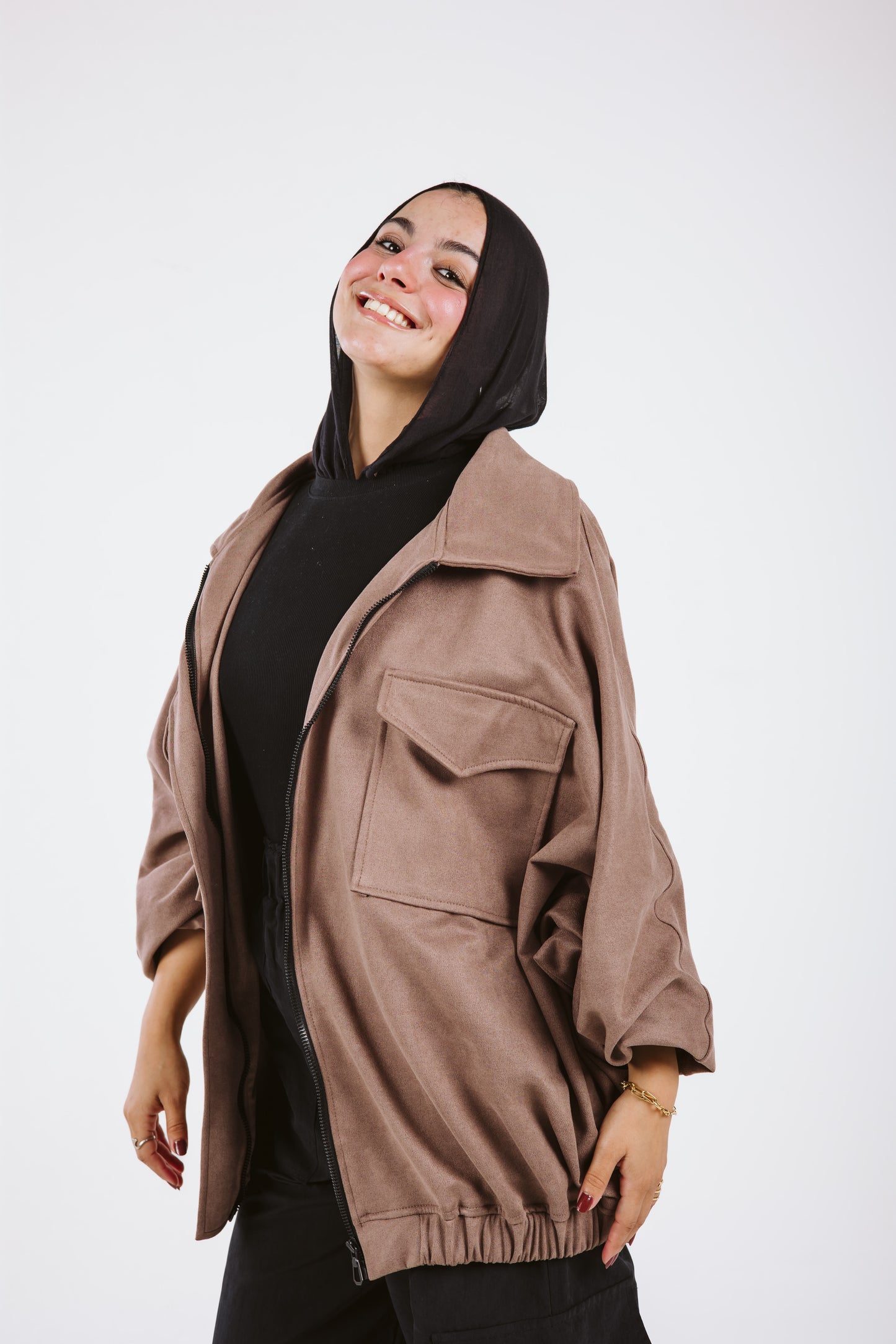 Oversized Suede Bomber Jacket in Moka