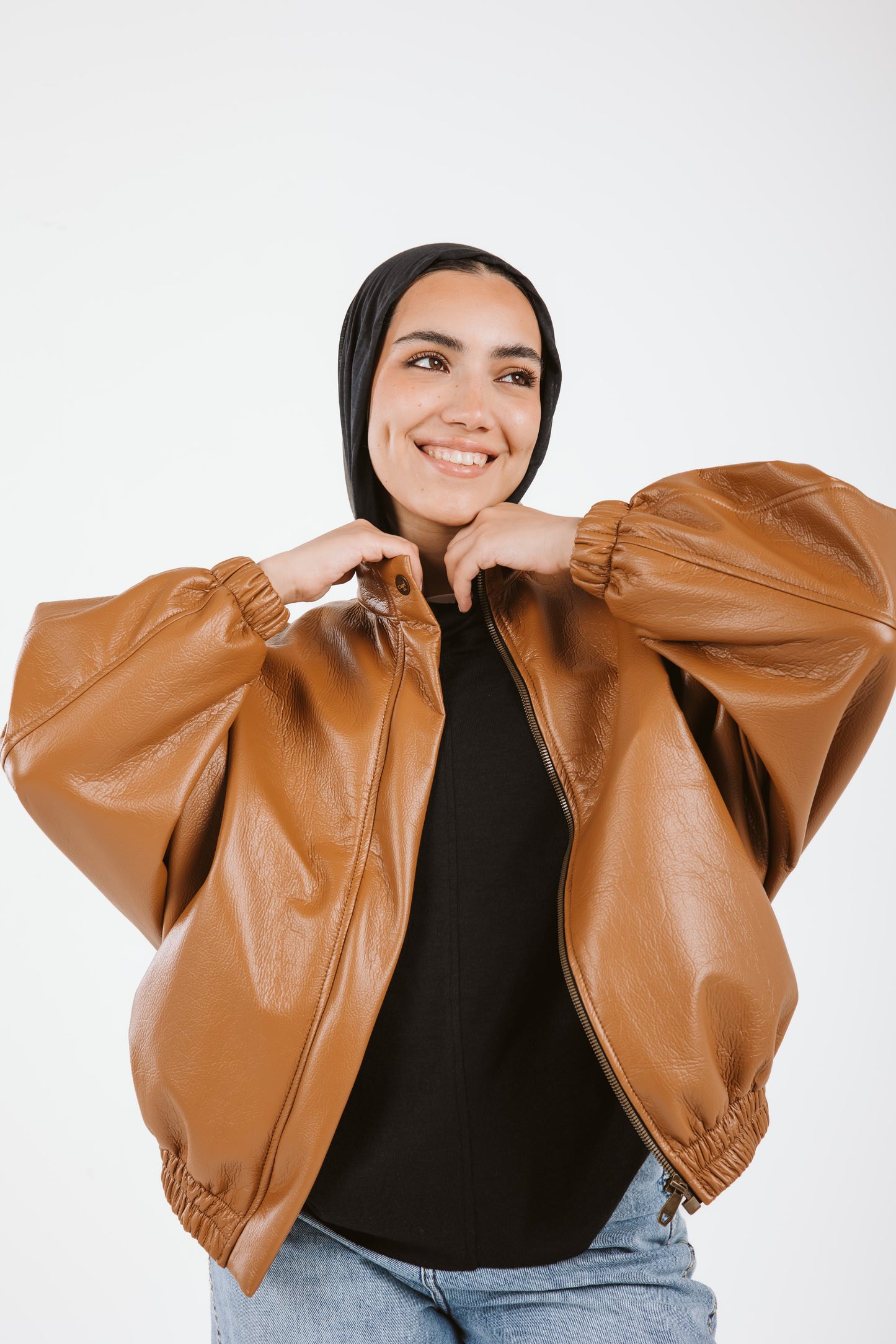 Oversized Leather Jacket in caramel