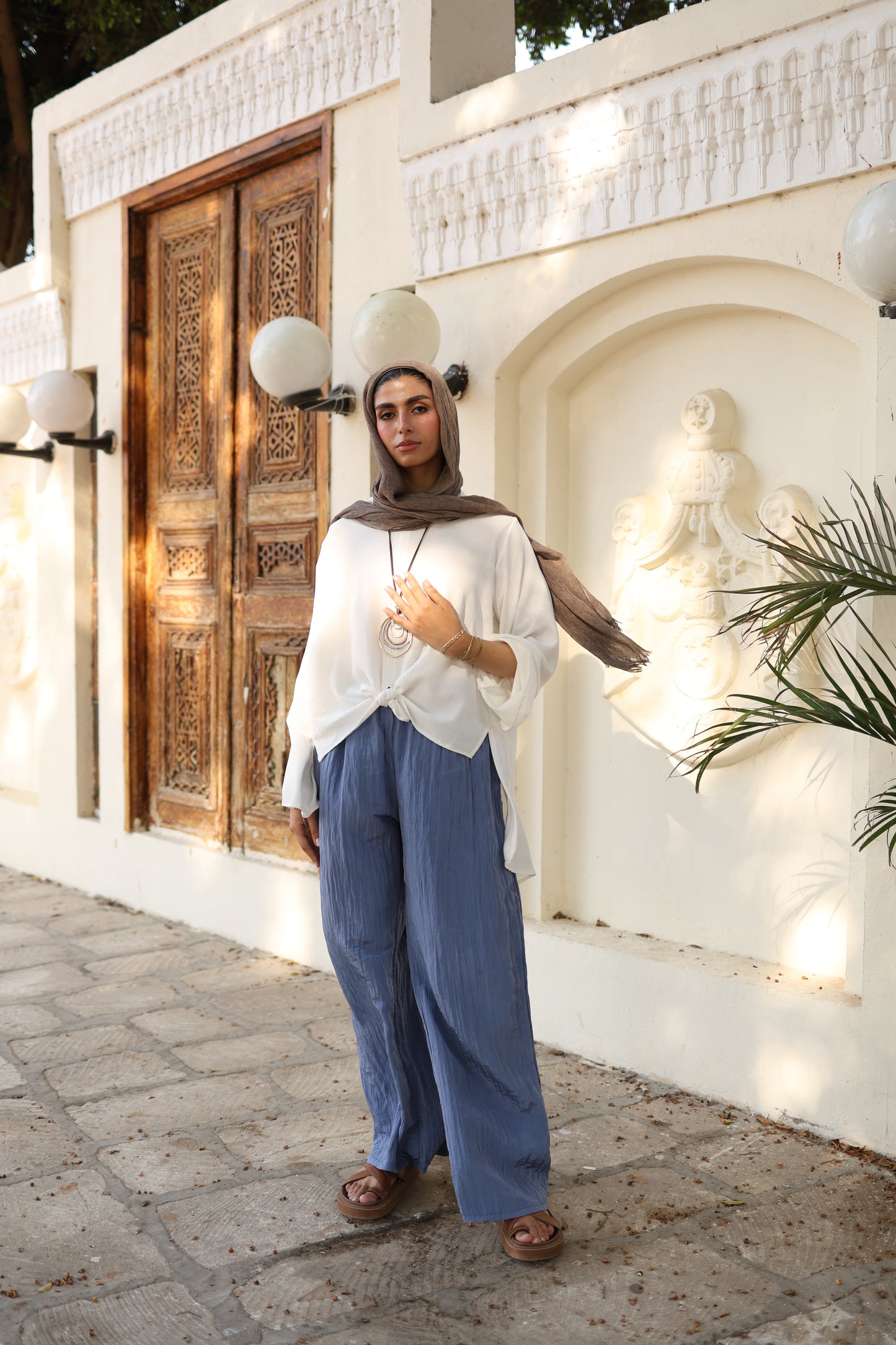 Crushed Wide Pants in Steel Blue