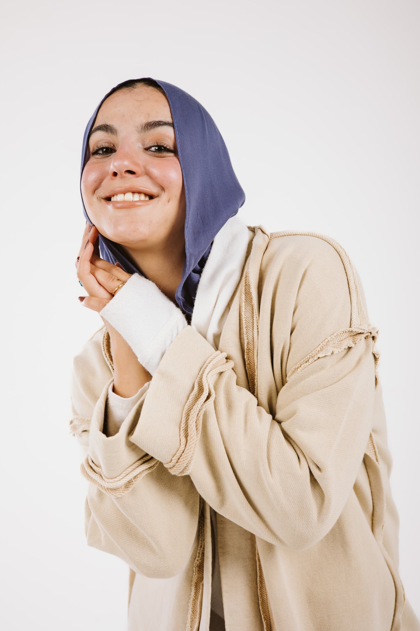 Long Stitches Cotton Melton Washed Cardigan in Beige